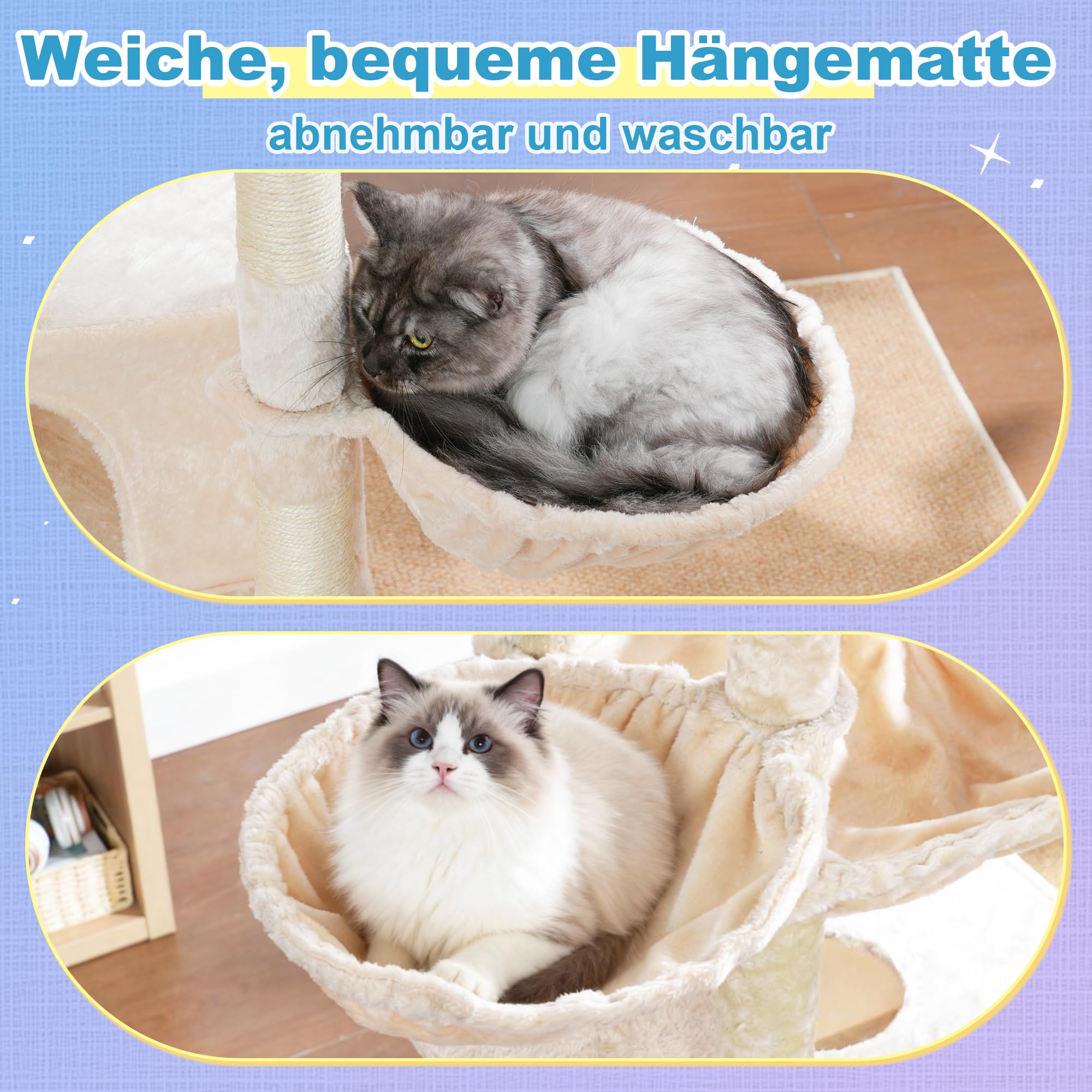 Hey-brother Tiragraffi per Gatti, con Amaca, Cuccia, 2 Piattaforme, MPJ80M | 180cm Albero per Gatti, 2 Ceste, Rampa graffiante, Pompon, Ideale per più gatti da interno, Beige
