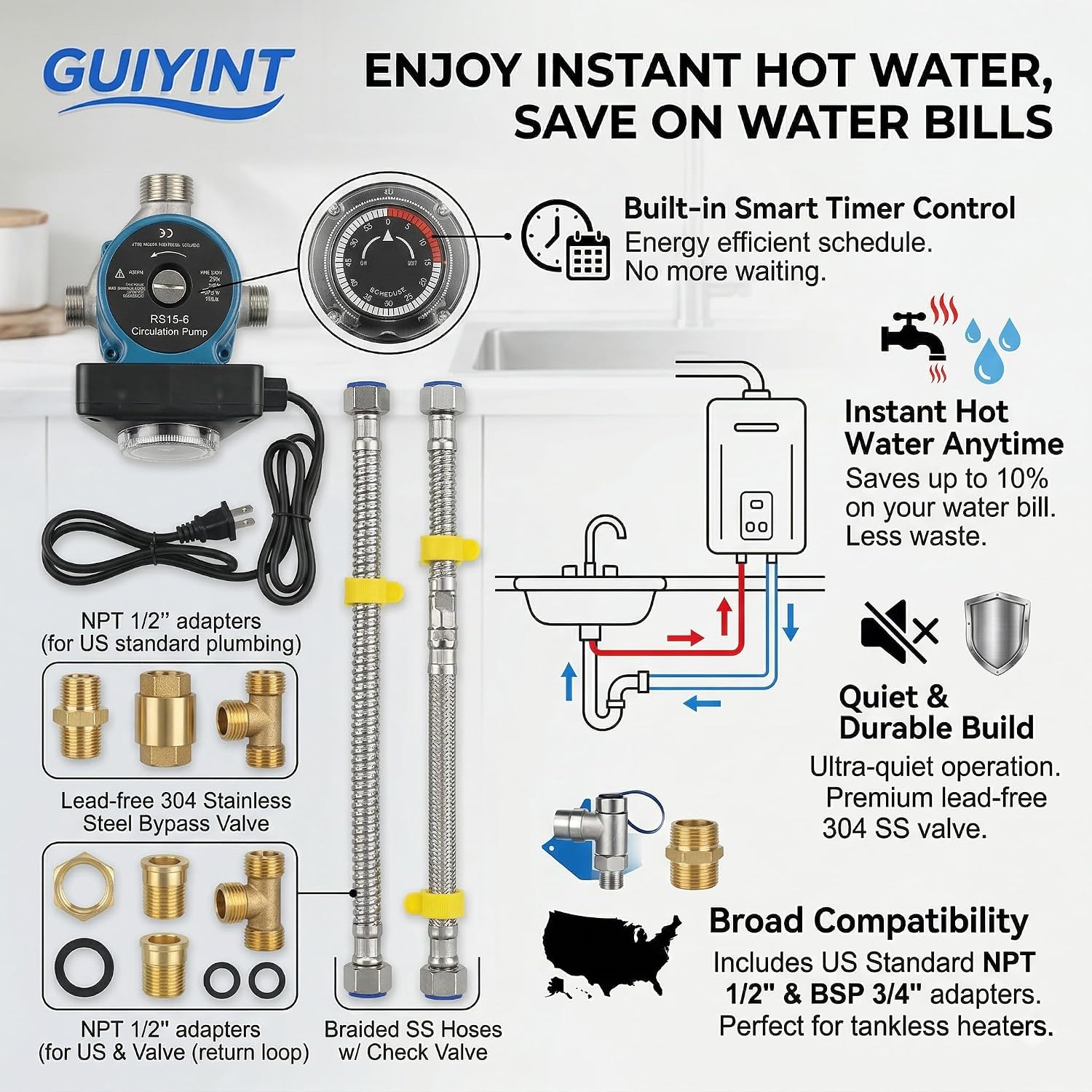 Hot Water Recirculating Pump Kit for Tank Water Heater – Instant Hot Water Circulation System for Tank Water Heaters – Replacement for 595916, 0955805 & Similar Models