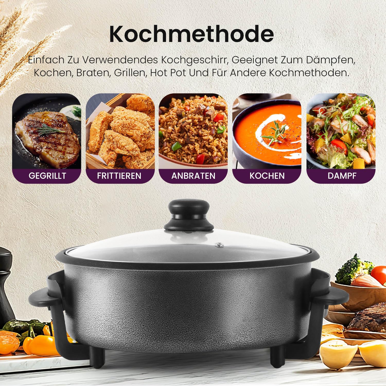 Padella Elettrica Multifunzione SUPERLEX, 32 Cm, 5,6 Litri, 1500 W, Antiaderente Rame, Con Coperchio
