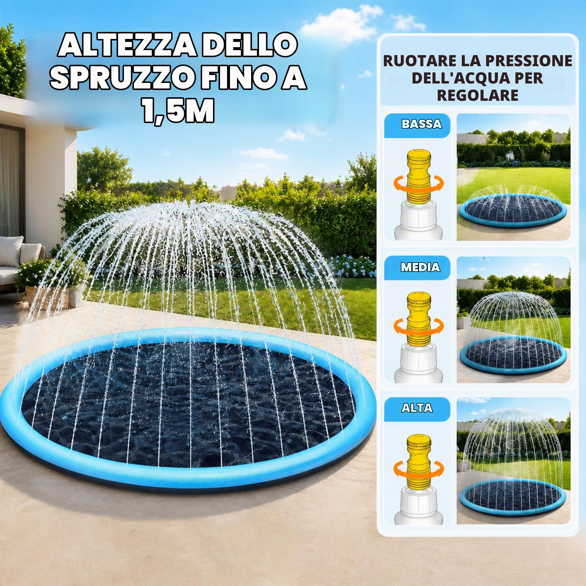 Piscina per Cani 170cm Antiscivolo con Spruzzi Regolabili | Tappeto Acqua Gioco Bambini e Cani, Splash Pad da Giardino Resistente per Cortile e Outdoor Estivo, Facile da Pulire