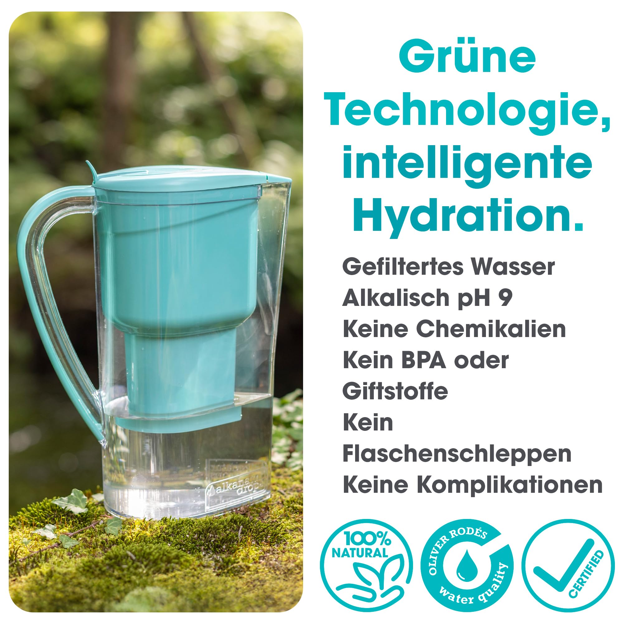 Wasserfilter Filtersystem Trinkwasser Kanne für Leitungswasser mit Zeolith Klinoptilolith Filter Gibt Magnesium Ab pH 9 1.4L Entfernt Kalk Chlor Metalle Ohne BPA Water Filter Jug ALKANATUR