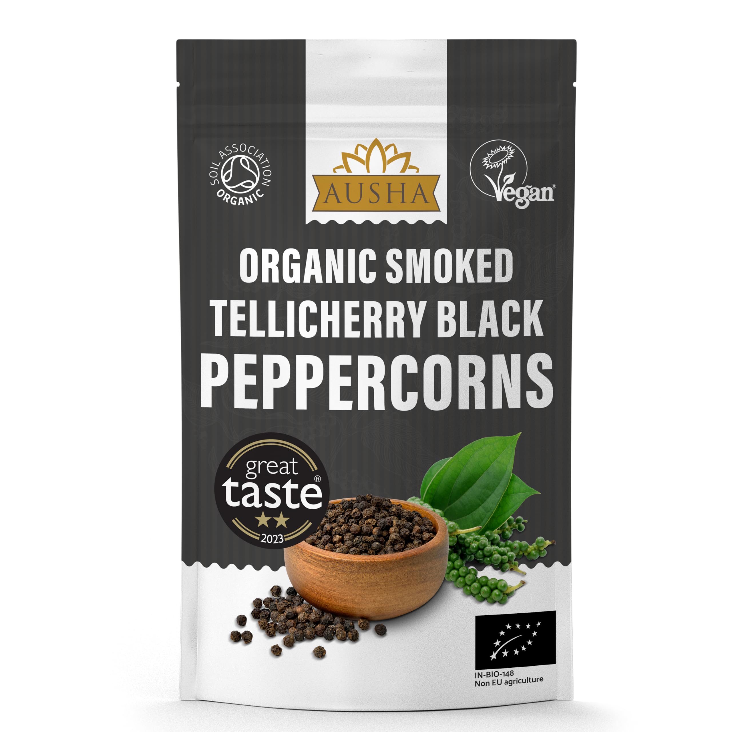 Organic Tellicherry Black Peppercorns Whole 100g - 2** GREAT TASTE AWARD - Smoked - UK Certified Organic by Soil Association - For Grinding and Cooking - Extra Bold Black Peppercorns