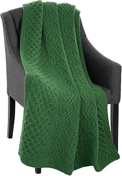 SAOL Honeycomb and Cable Knit Patterns 100% Irish Merino Wool Aran Throw/Blanket 60 x 40 inches Green