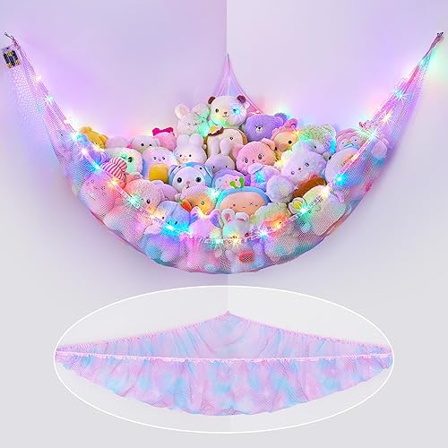 Vista 22 de Basumee Red de animales de peluche o hamaca con luz LED, hamaca de red de juguetes para almacenamiento de animales de peluche, hamacas para cuarto