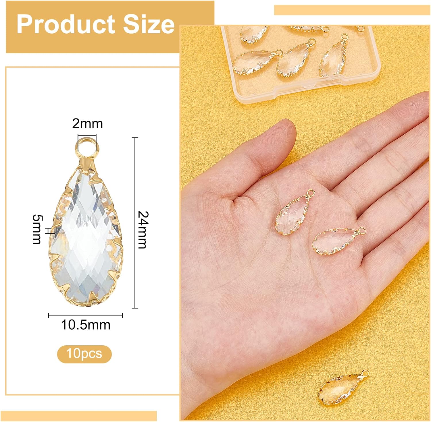 BENECREAT 10Pcs 18K Real Gold Plated Brass Glass Charm Pendants, Faceted Drop Teardrop Shape Charms for Anniversary Jewelry Making DIY Accessories,0.94x0.4x0.2inch - Image 2