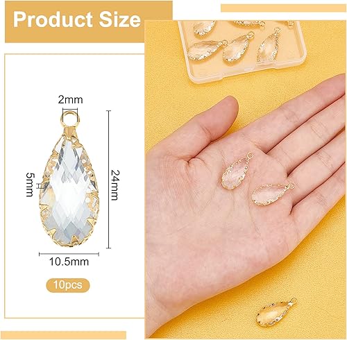 Miniatura 2 de BENECREAT 10 dijes de cristal de latón chapado en oro real de 18 quilates, dijes con forma de lágrima facetada para aniversario, fabricación de
