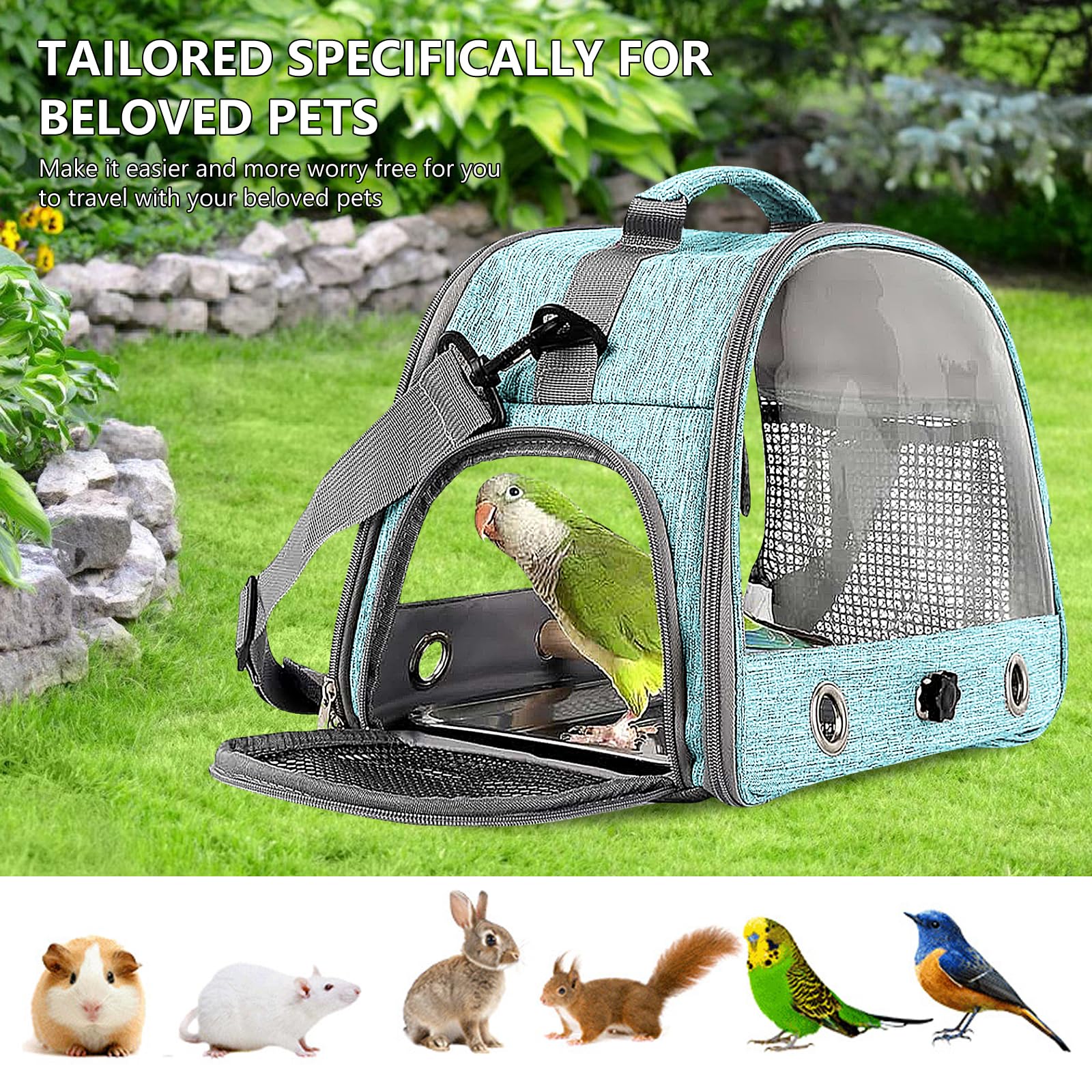 Borsa per il Trasporto di Uccelli con Asta e Vassoio in Acciaio Inox, Zaino Portatile per Pappagalli con Asta di Legno (Blue)