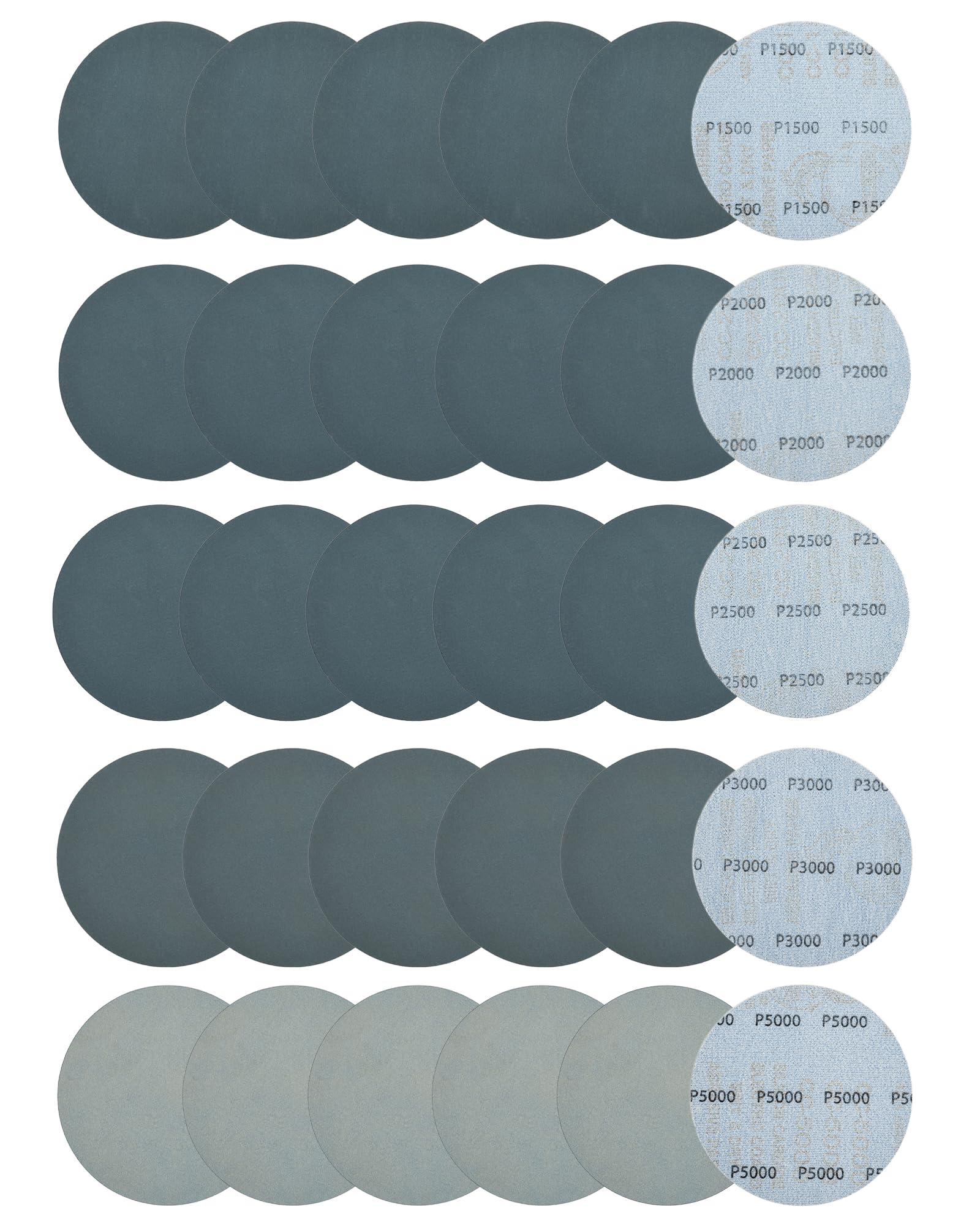 30Pcs 150mm Wet Dry Sanding Discs 1500/2000/2500/3000/5000 Grit Waterproof Sandpaper, 6 Inch Waterproof Hook & Loop Abrasive Disc for Walls, Cars, Metal, Wood