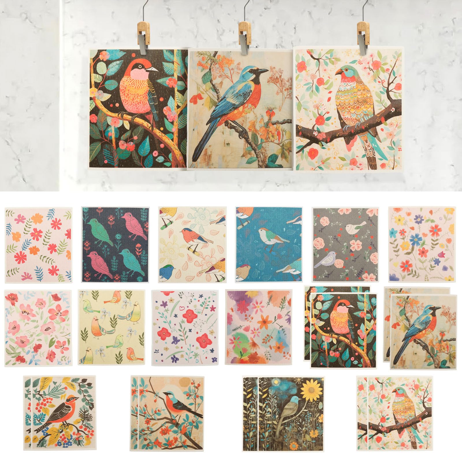 22Pcs Swedish Dish Cloths, Absorbent Friendly Reusable Dish Towels, 19x 17.5cm Flower Bird Pattern Kitchen Rags Cleaning Cloths, Quick Drying Swedish Dishcloths for Kitchen, Bathroom, Countertop
