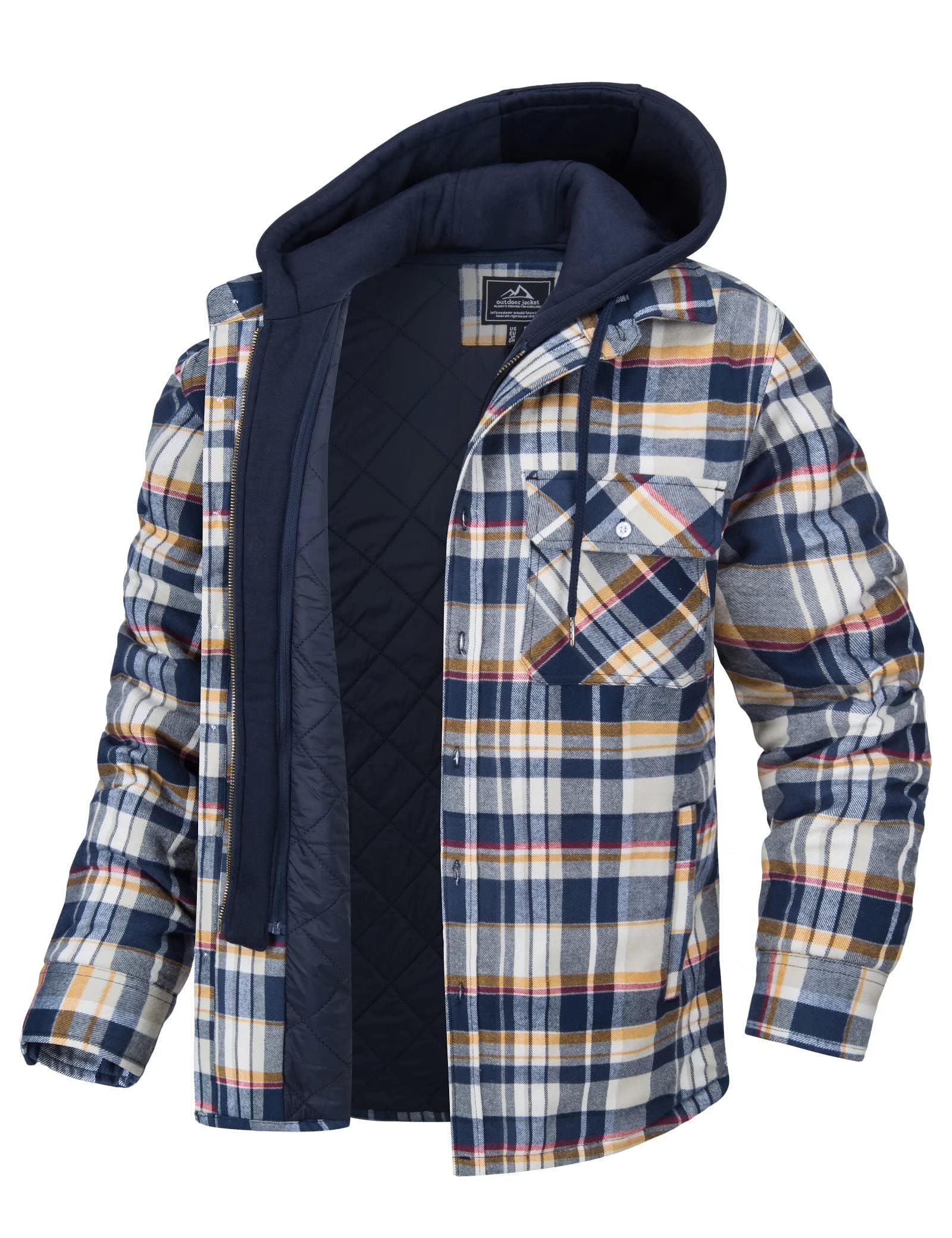 MAGCOMSEN Men's Flannel Shirt Lumberjack Jacket with Removable Hood 5 Pockets Plaid Quilted Lined Winter Thermal Workwear Hoodie
