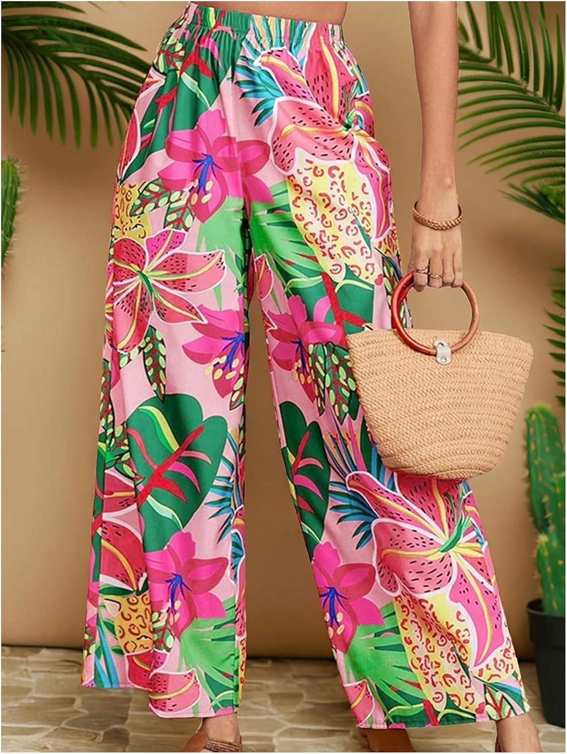 MakeMeChic Women's Plus Size Floral Palazzo Pants Elastic Waist Wide Leg Tropical Print Summer Trousers - Image 3