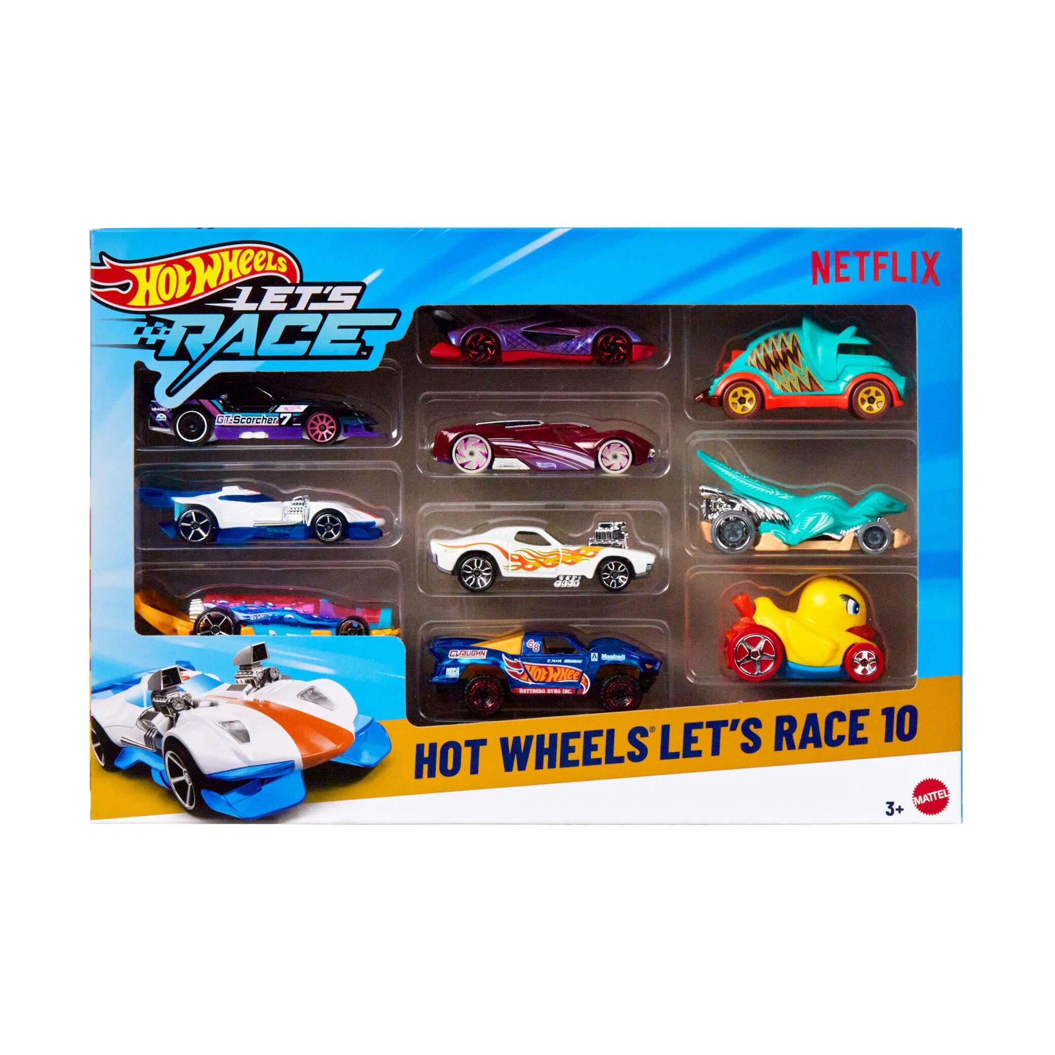 Hot Wheels Toy Cars & Trucks, Let’s Race 10-Pack, Set of 10 1:64 Scale Vehicles from the Animated Netflix Show for Play or Display (Styles May Vary), JGN40