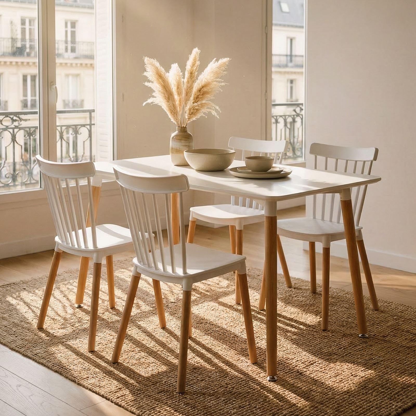 SHANNON/RAVI Essgruppe mit Tisch und 4 Stühlen, Weiß - Esstisch klein 120 x 70 cm, Tisch mit 4 Stühlen Set, Esszimmermöbel für moderne und skandinavische Einrichtung [max. Belastbarkeit 120 kg]
