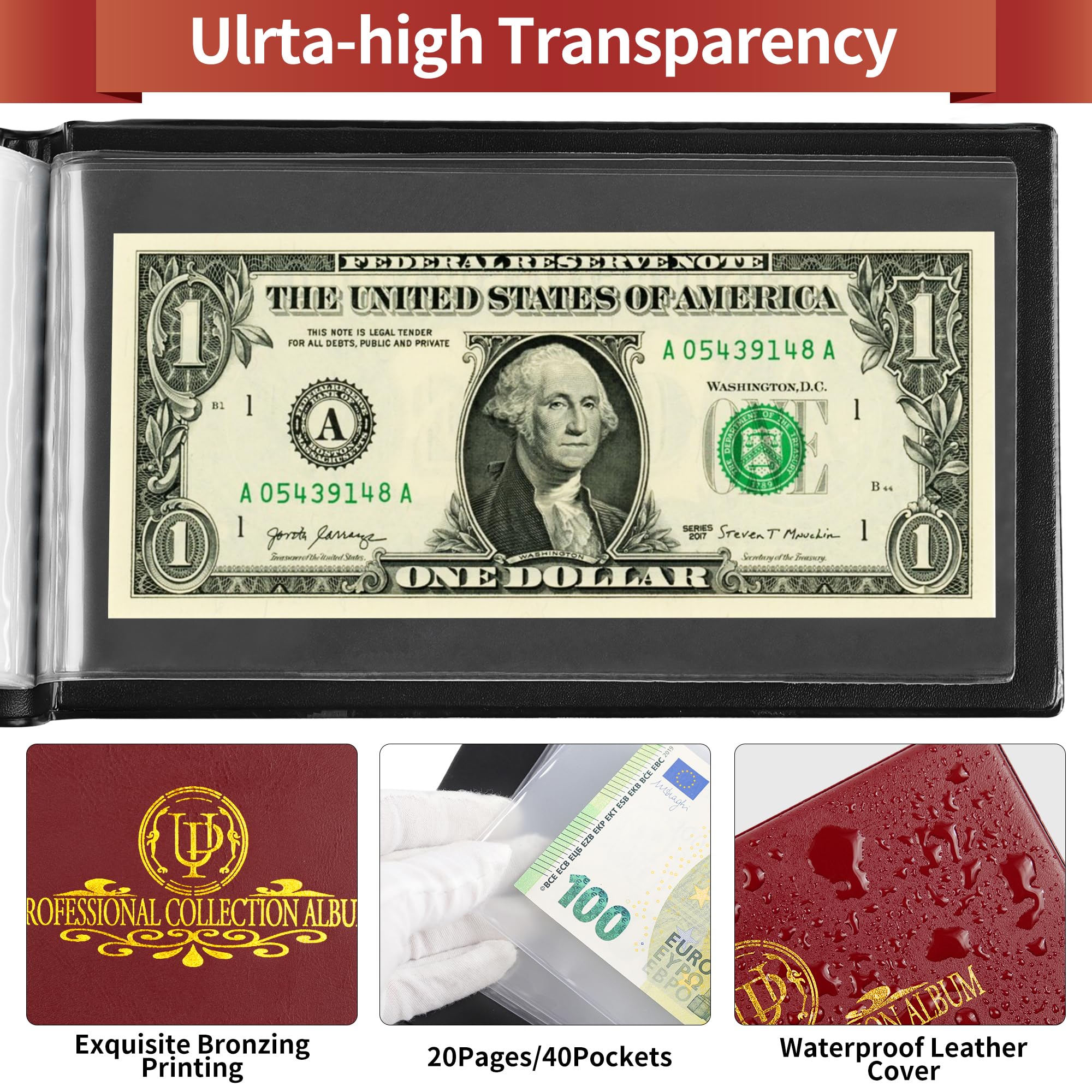 40 Pockets Banknote Collecting Album - 20 Sheets Clear Currency Dollar Bill Holders Paper Money Storage Book Collection Supplies Double-Sided Pages AN04RE