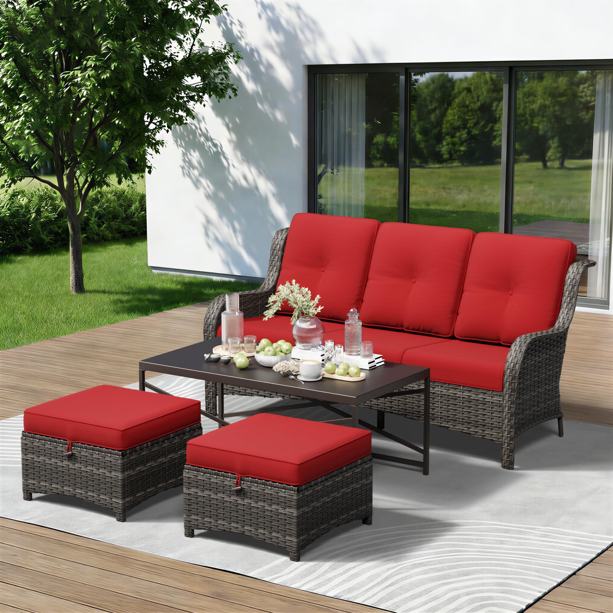 4-Piece Outdoor Couch Set, Includes Wicker Patio Sofa with Thickened Olefin Cushions, High Back and Deep Seating, Hand-Woven PE Rattan and 2 Ottomans, 1 Coffee Table for Porch, Deck