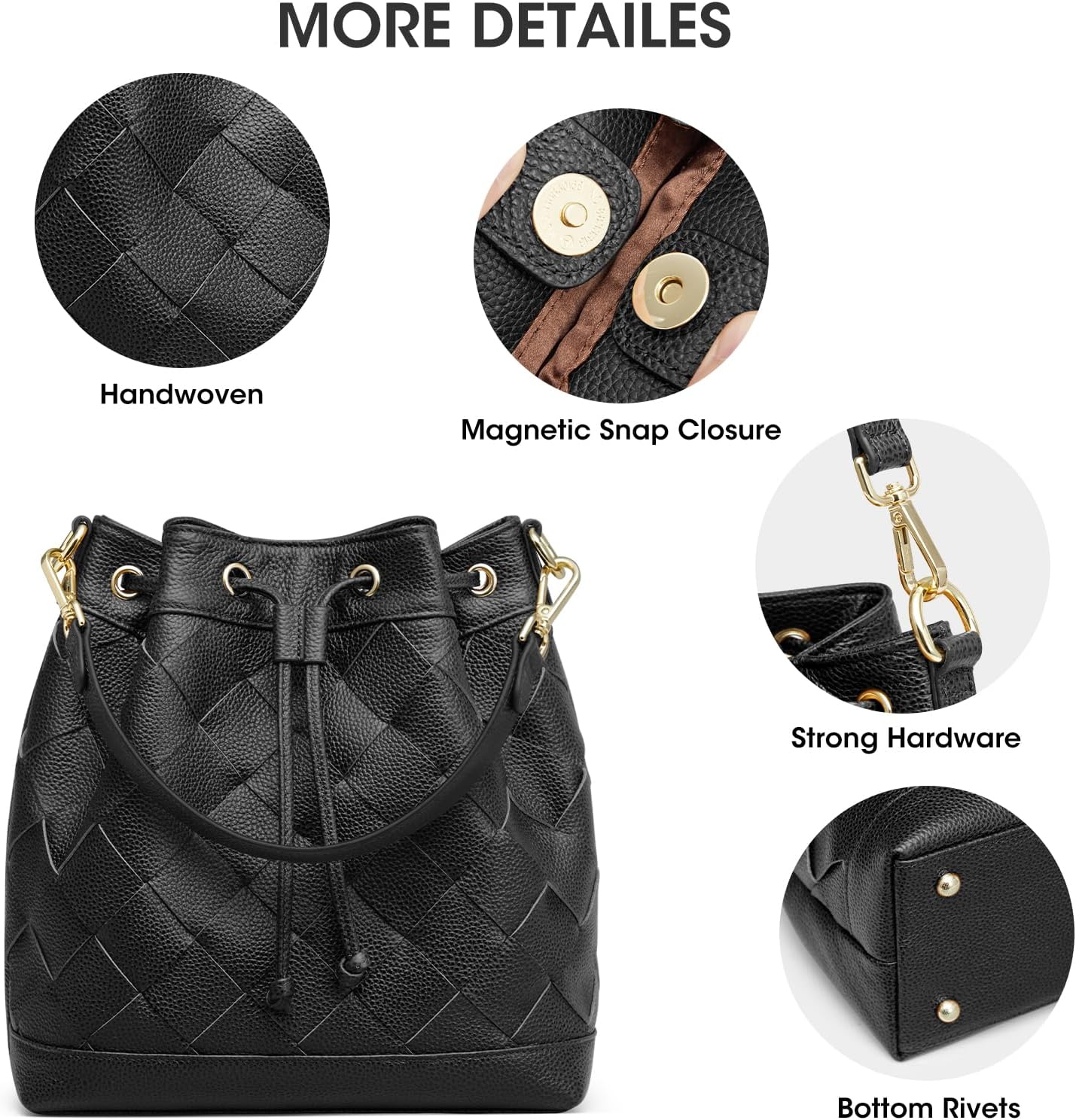 Kattee Woven Leather Bucket Bags for Women, Drawstring Crossbody Hobo Purses and Shoulder Handbags with 2 Straps - Image 6