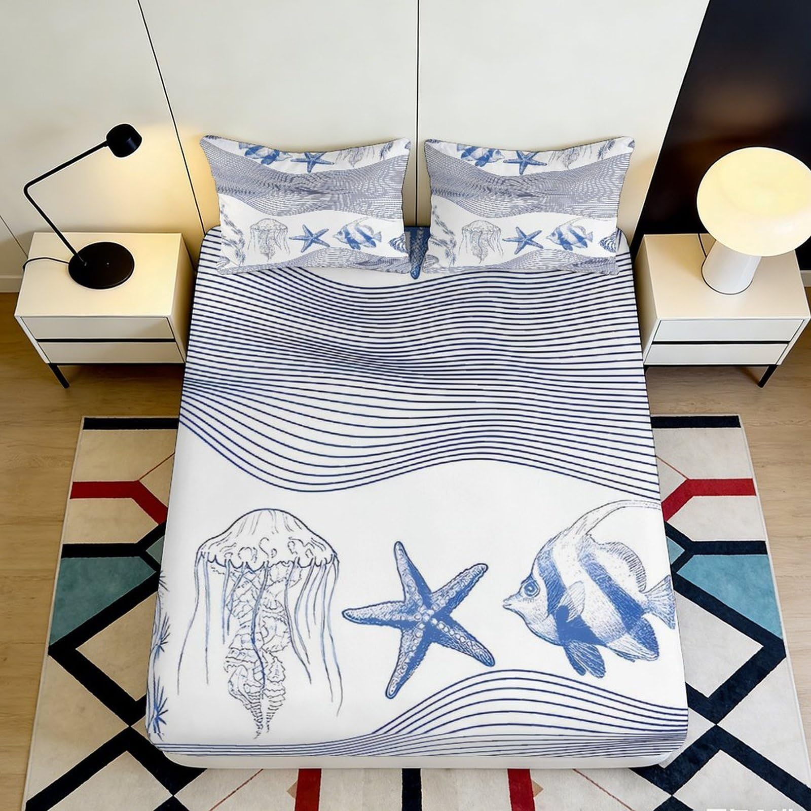 3D Printed Ocean Jellyfish Fitted Sheet Microfiber Soft Starfish Bed Cover for Bedroom Guest Room Mattress Protection Decor 90x200x25cm