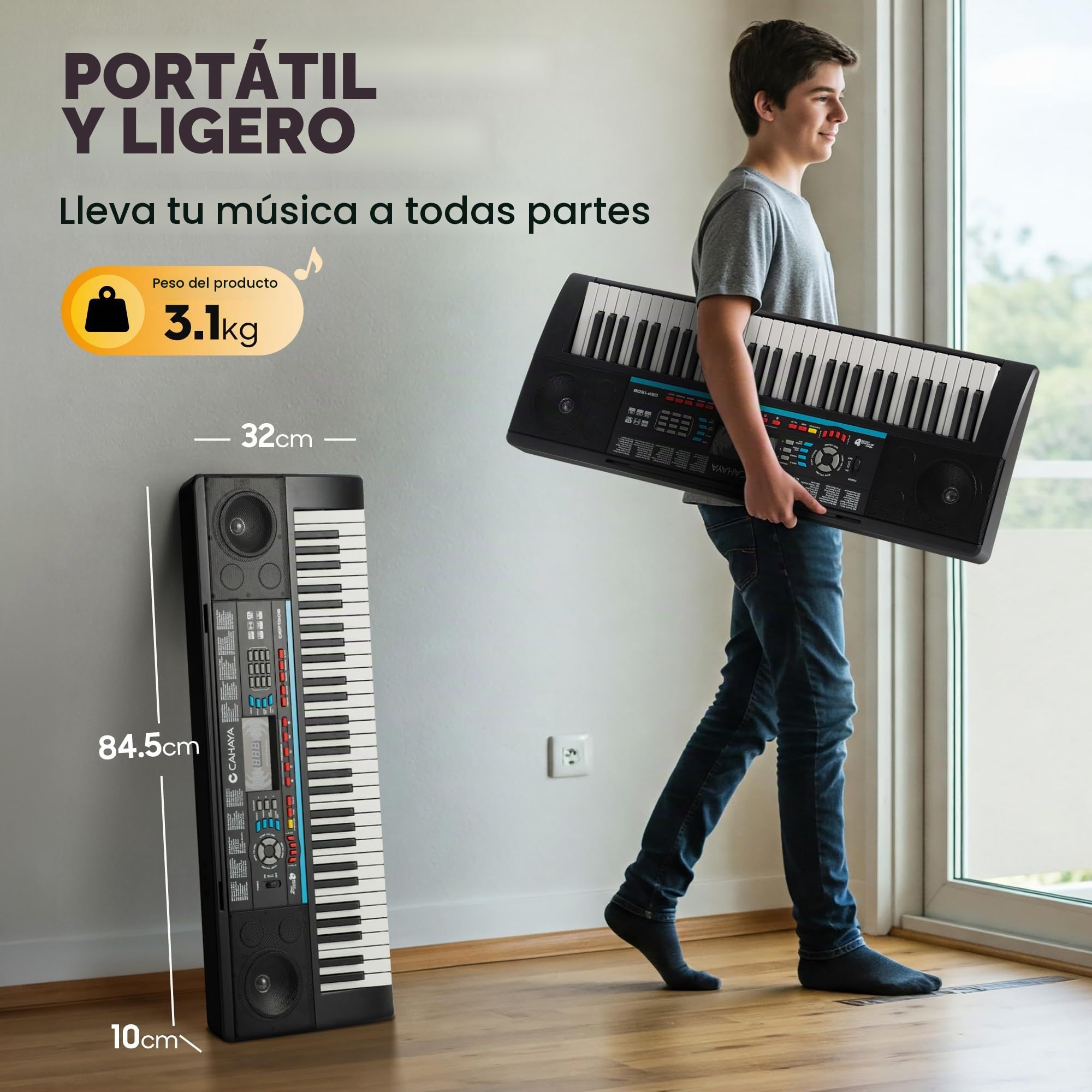CAHAYA Piano Digital de 61 Teclas - Piano Eléctrico Portátil para Principiantes con 3 Modos de Enseñanza 128 Sonidos y 128 Ritmos Set con Soporte Banco Micrófono y Altavoces Integrados