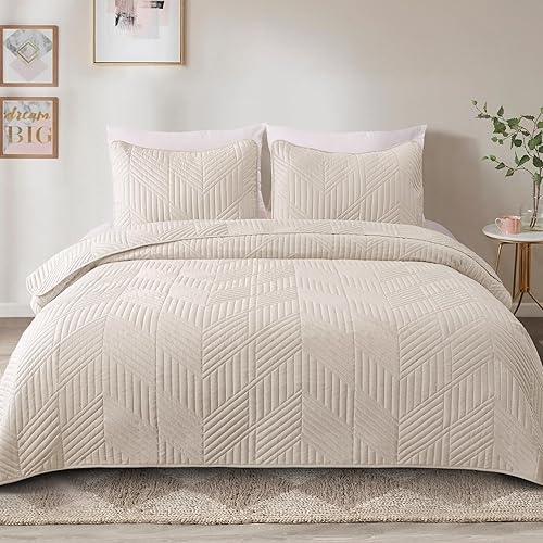 Miniatura 2 de Exclusivo Mezcla Juego de ropa de cama ultrasónica tamaño King, cubrecama ligero beige Brich suave y moderno juego de colcha geométrica para todas
