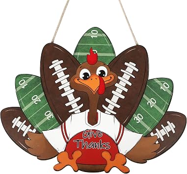 Thanksgiving Door Decoration, Thanksgiving Football Wooden Front Door Wall Sign, Retro Give Thanks Turkey Decor for Fall Autumn Sport Home Decorations Turkey