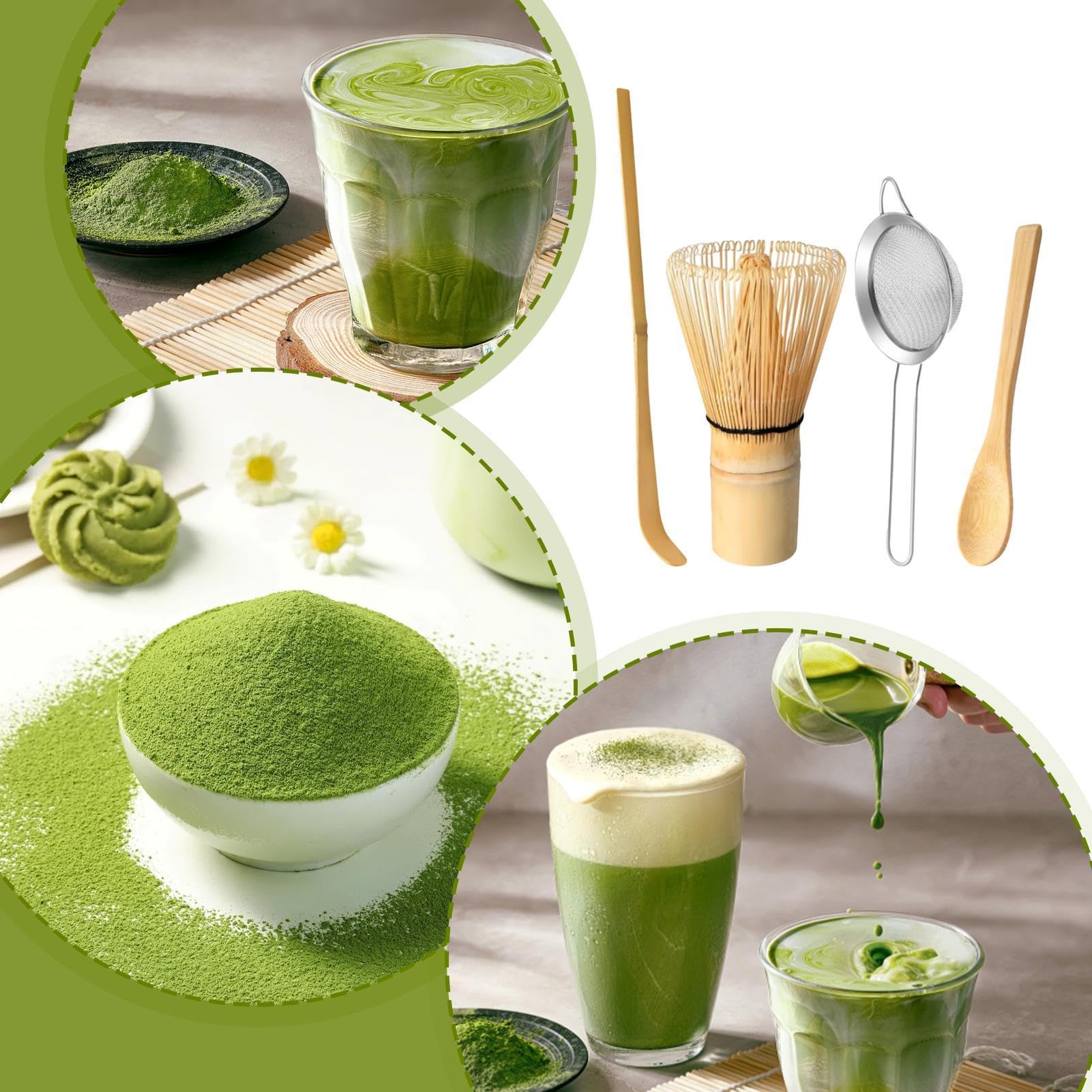 Kit Fouet Thé Matcha Complet – Ensemble Traditionnel 4 Poignées + Cuillères & Passoire | Cérémonie Matcha Maison
