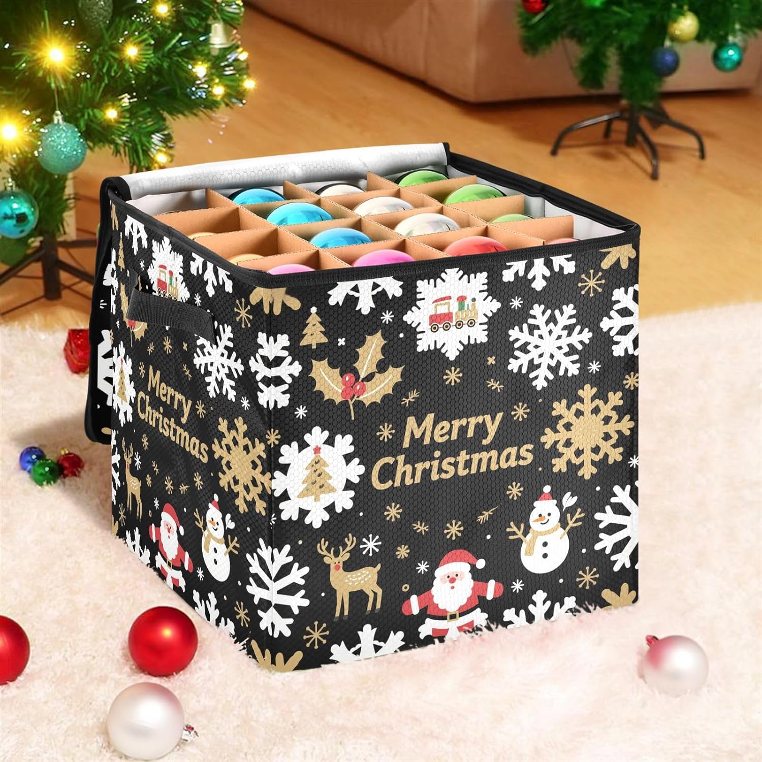 High Capacity Christmas Ornament Storage Box Holds Up to 64, Two Handles Large Holiday Storage Case with Lid,Christmas Snowflake Santa Gold and Black