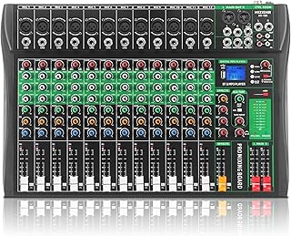 12 Channel Audio Mixer, Professional DJ Mixer Board Sound Music Mixing Console Digital Mixer with Reverb, Bluetooth, USB Port, 48V Phantom Power for Recording Karaoke Podcasting