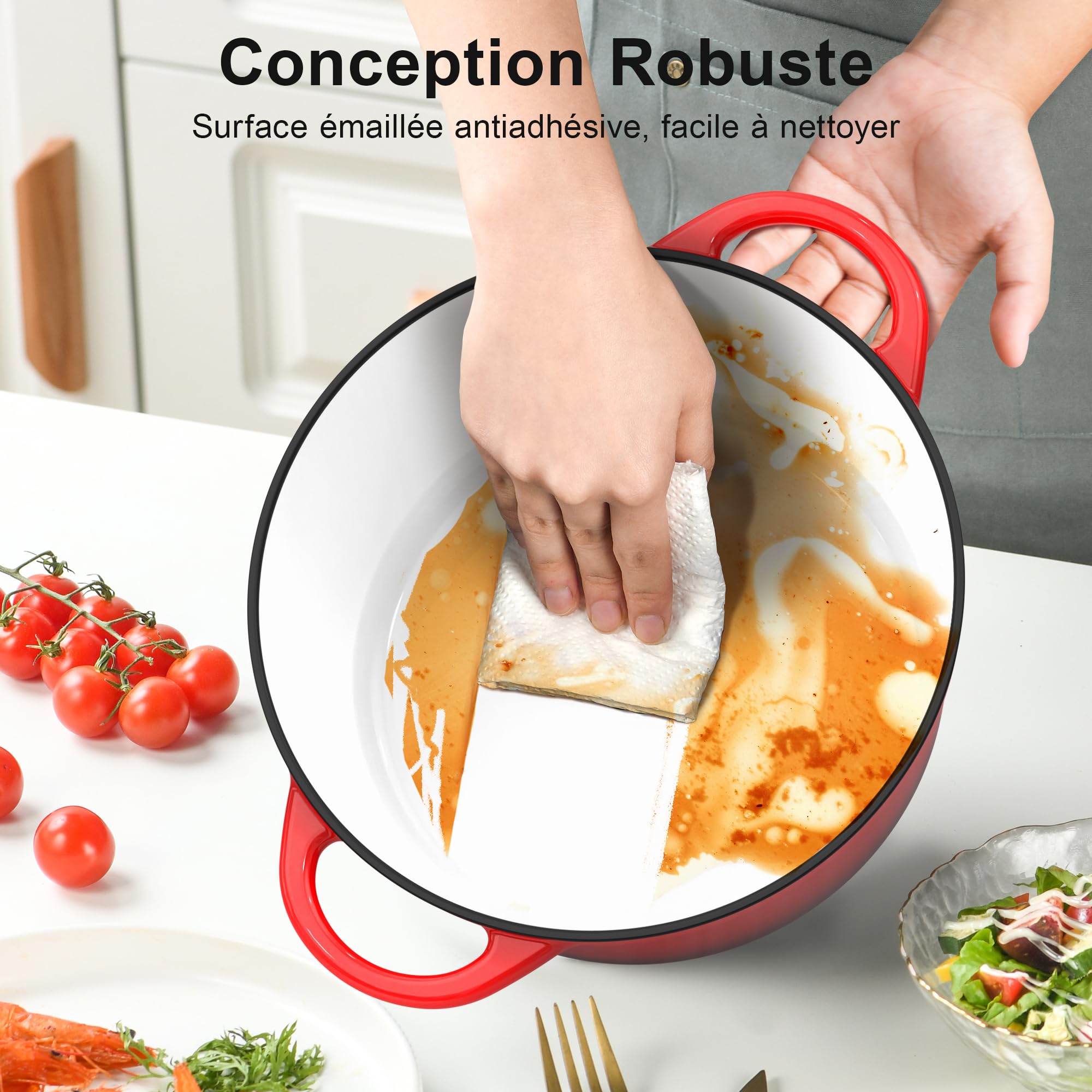 Cocotte Fonte - 26cm Rouge Faitout Marmite Four Hollandais avec Couvercle, Topbooc 5L Dutch Oven Émaillée Compatible Induction, Gaz, Four, Casserole pour Braiser Ragoûts Rôtir Pain