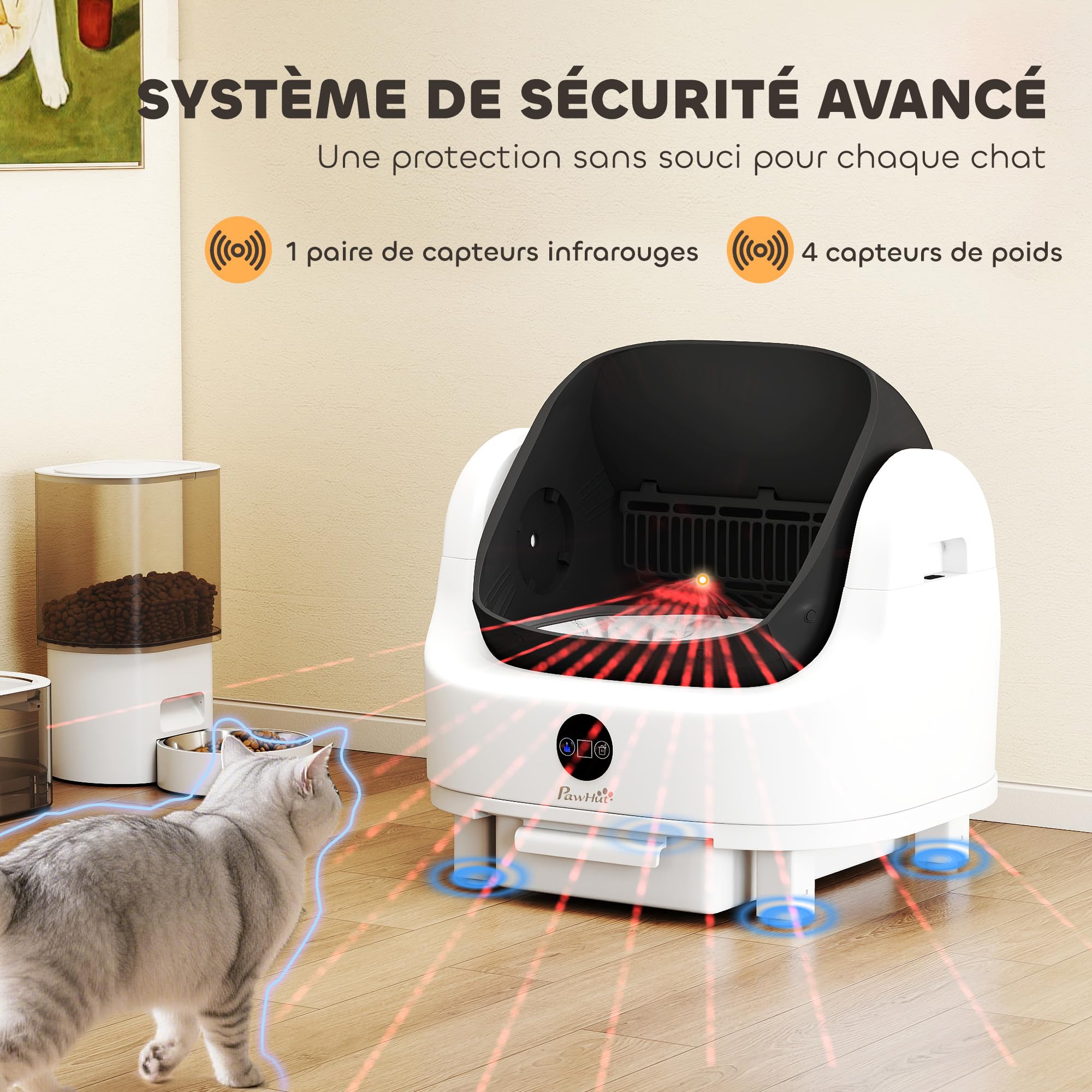 PawHut Litière Chat Autonettoyante Ouvert, pour Plusieurs Chats Blanc | Bac à Litière pour Chat Automatique, Isolation Odeurs/Protection Sécurité, Sac Poubelle, Grande Poubelle