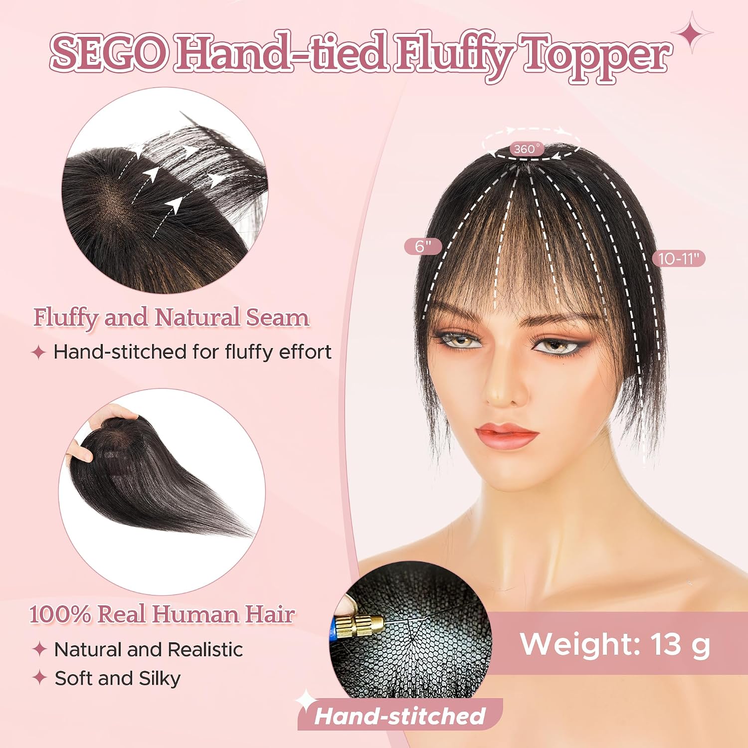 SEGO Hair Toppers for Women Real Human Hair with Wispy Bangs, Invisible No-Edge 9 * 12.5 cm Hand-tied Base Breathable Fluffy Clip in Top Hairpieces Add Volume -1B Brown Black