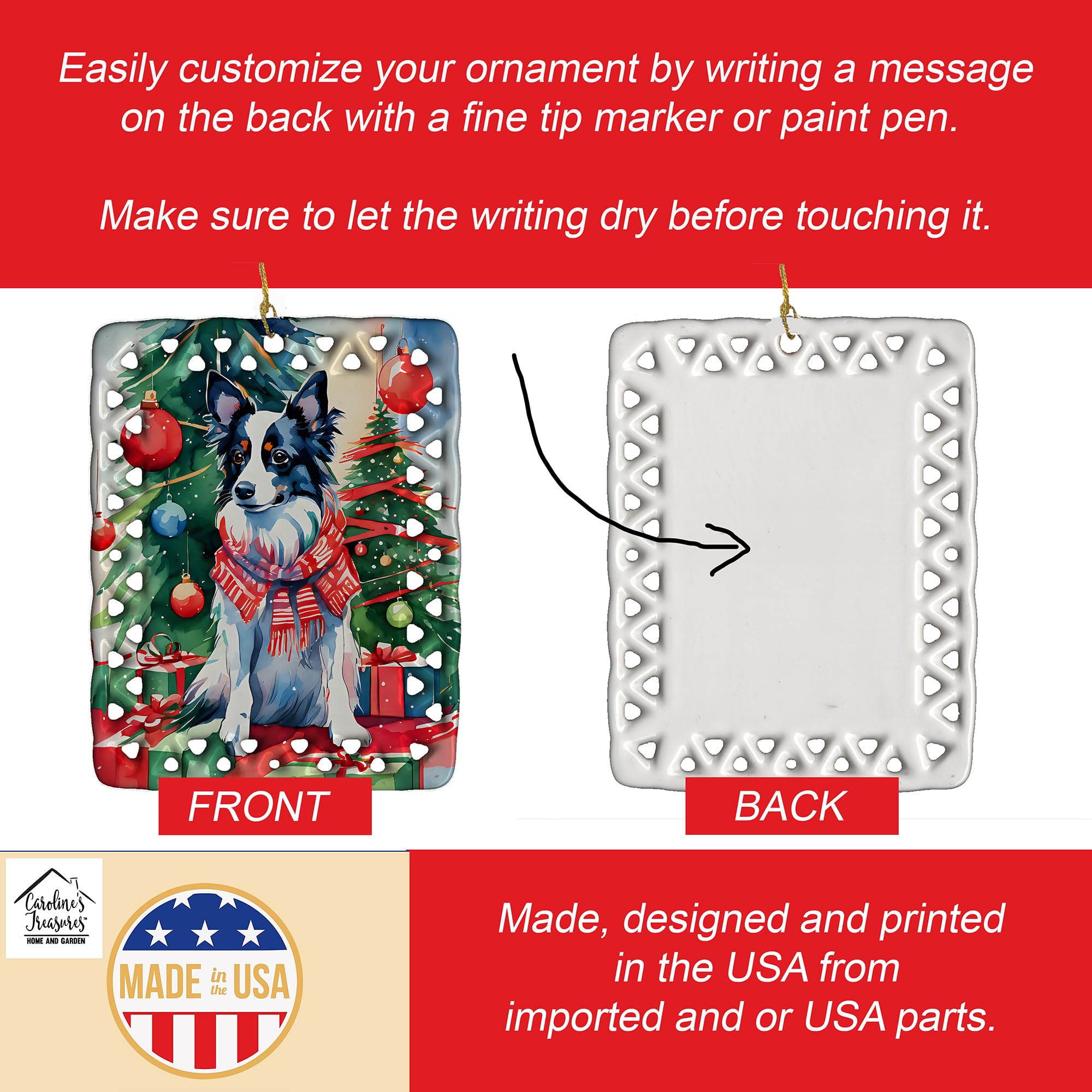 Caroline's Treasures Ornamento Di Natale In Ceramica – Razza Papillon – Fiocco Di Neve Rosso – Diametro 7 Cm – Personalizzabile Sul Retro