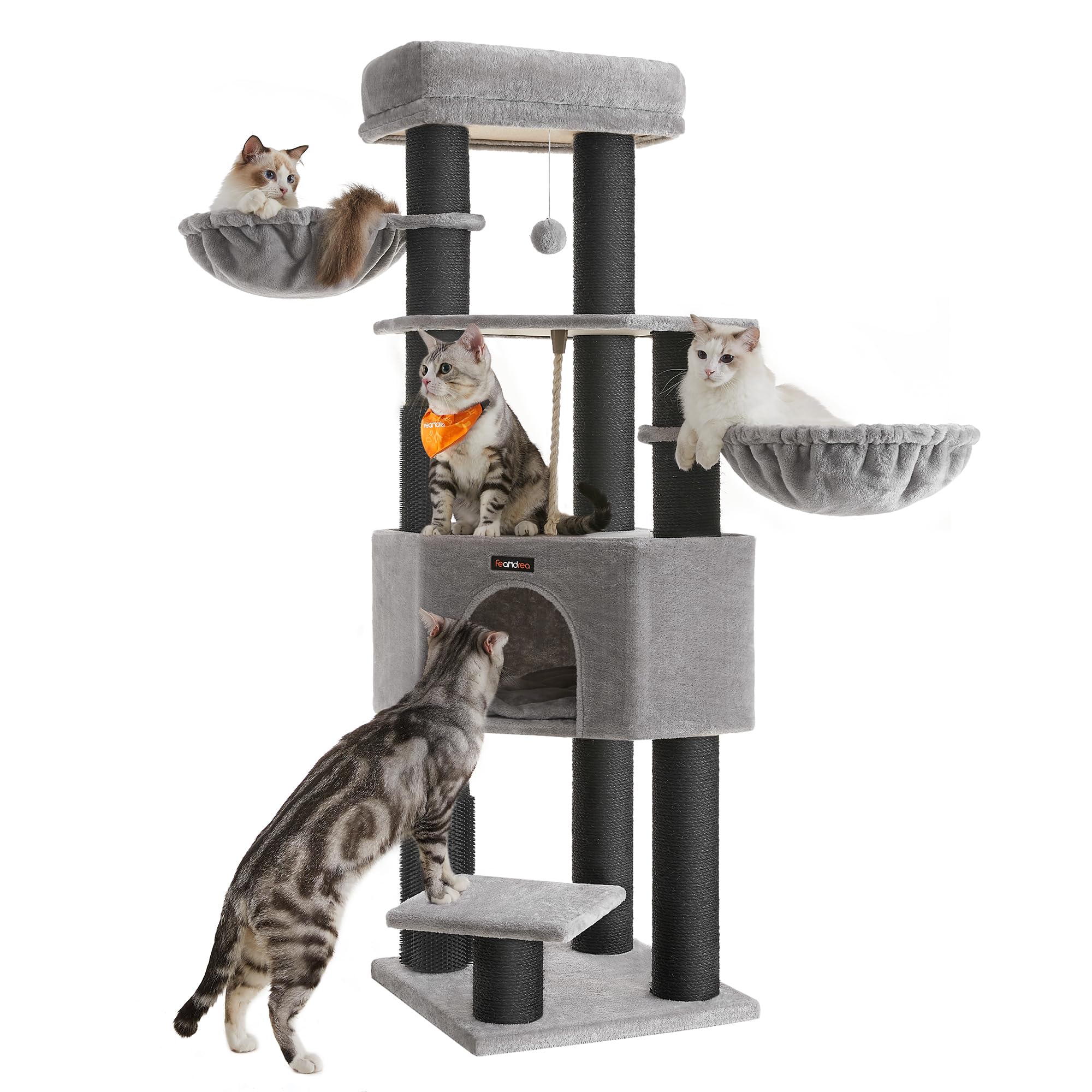 Feandrea Cat Tree for Large Cats, Heavy-Duty Cat Tower with Warm Pads, 2 Self-Groomers, 9 Scratching Posts, Large Perch, Cave, Baskets, 50 x 50 x 160 cm, Dove Grey and Black PCT003W01