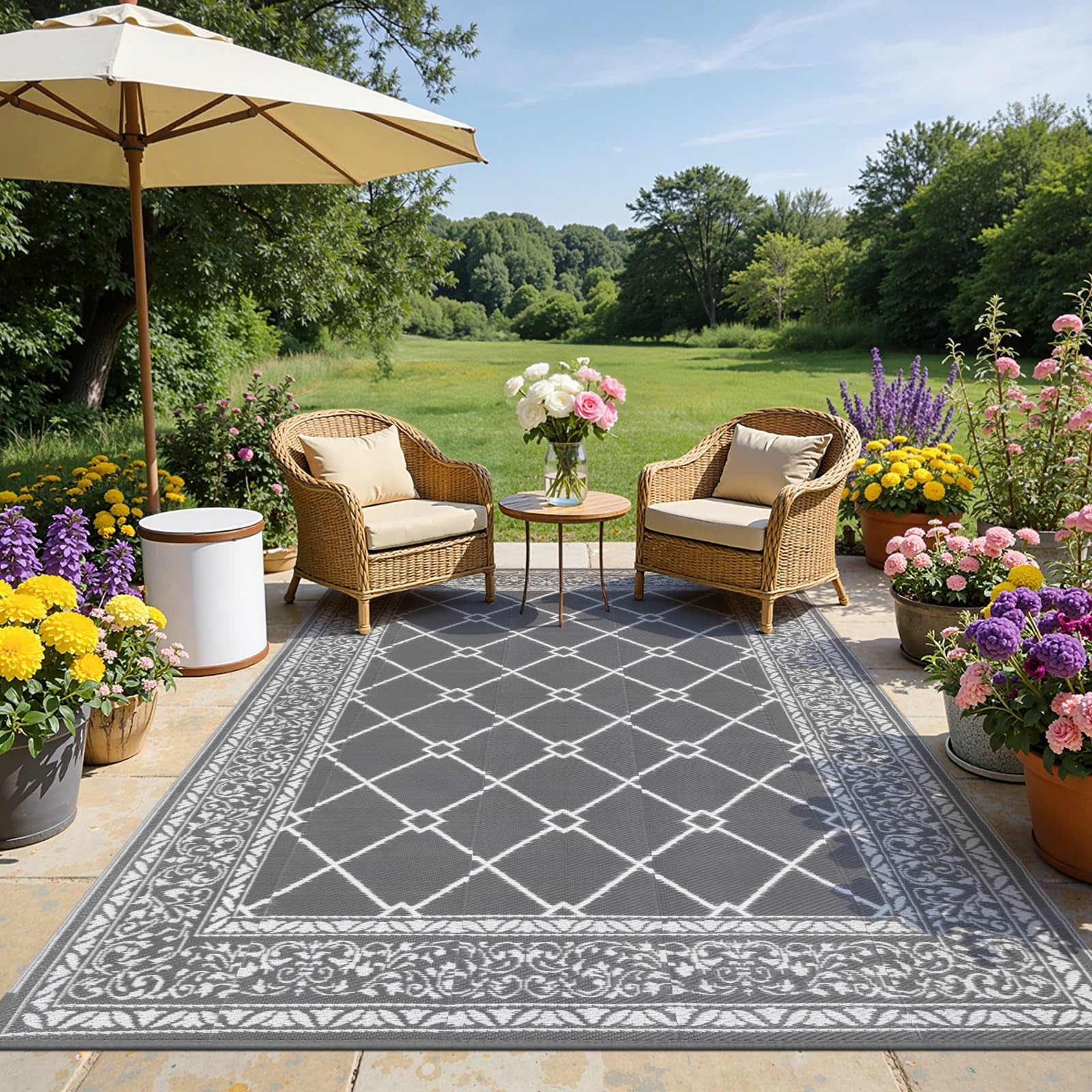 SHACOS Outdoor Rug for Patios Waterproof 240x300 cm Reversible Garden Rug Patio Rugs UV Resistant Foldable Outdoor Carpet Mat Plastic Straw Rugs for Balcony Decking Camping Beach, Grey