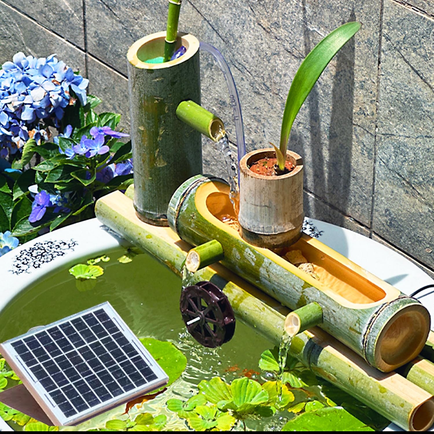 Amazon.co.jp : DHYBDZ 16インチ ソーラー竹製水噴水 屋外用 水槽