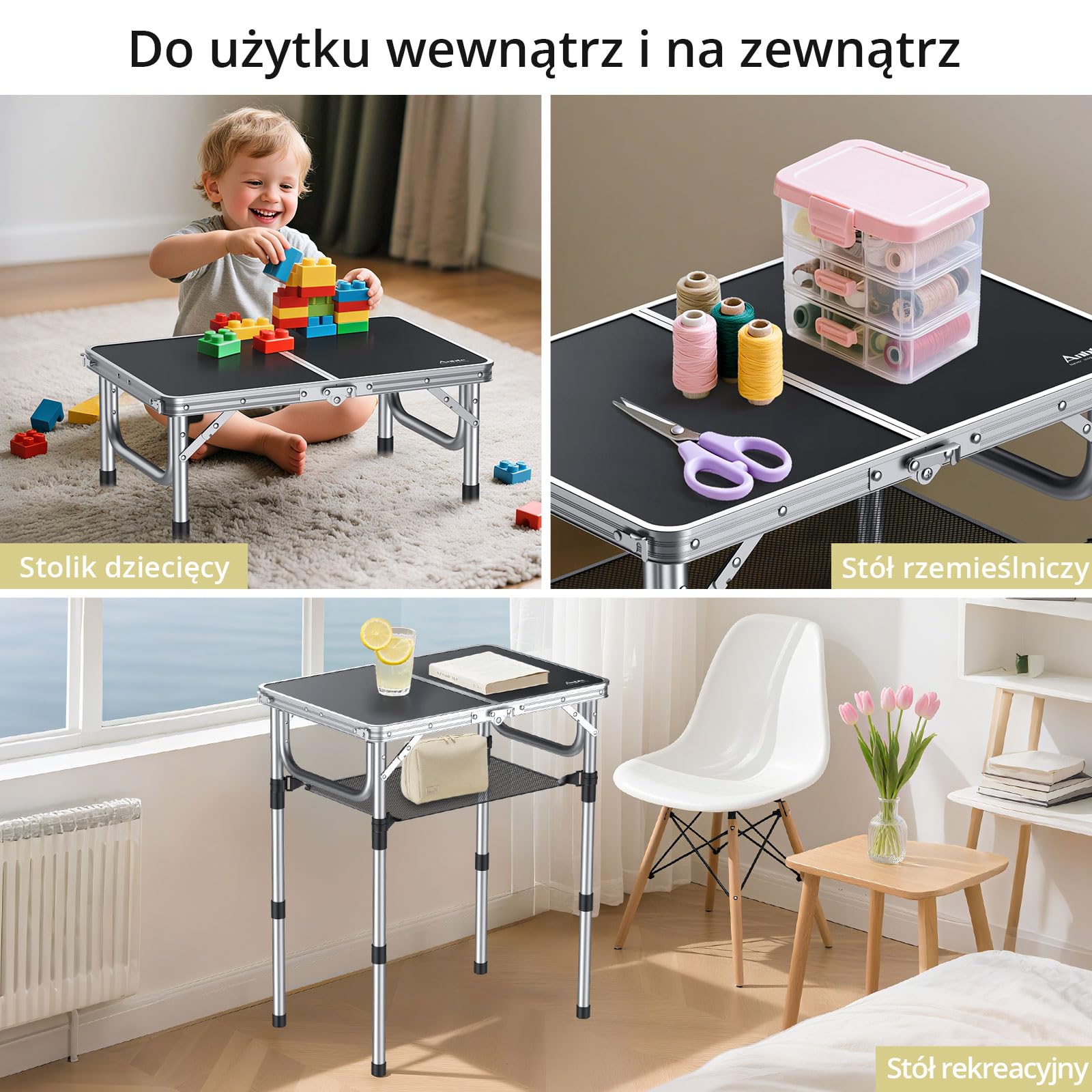 Anbte Składany Stół Kempingowy z Przechowywaniem Net - Składany Stolik Piknikowy 3 Wysokość Przenośny Stolik Aluminiowy + MDF do Indoor Plaża, Piknik - Czarny