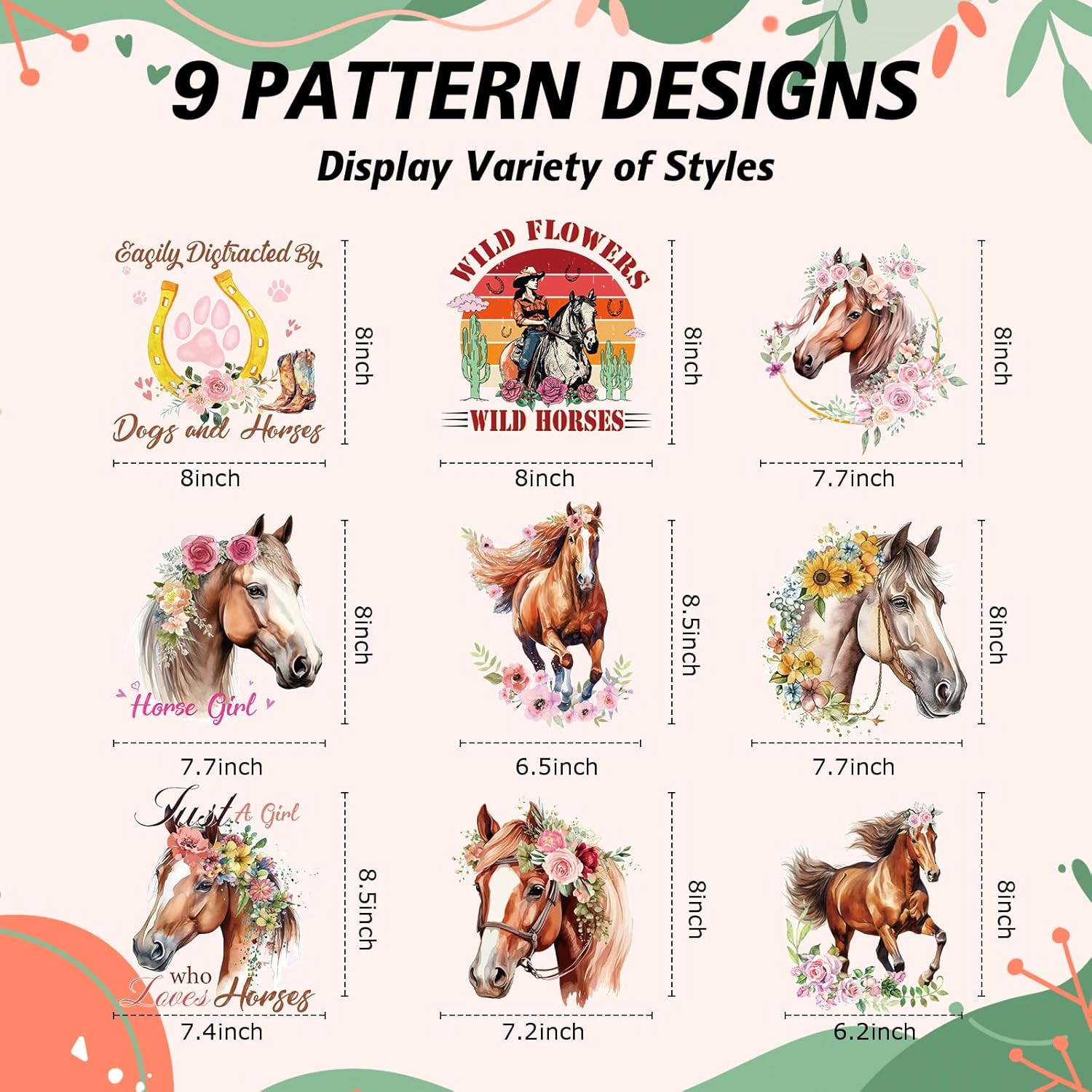 Dtf Transfers Ready to Press - 9Pcs Horse Iron on Transfers for T-shirts Western Heat Transfer Vinyl Stickers Watercolor Iron on Patches Decals for Clothes Pillow Bag DIY Crafts Fabric Decor - Image 2