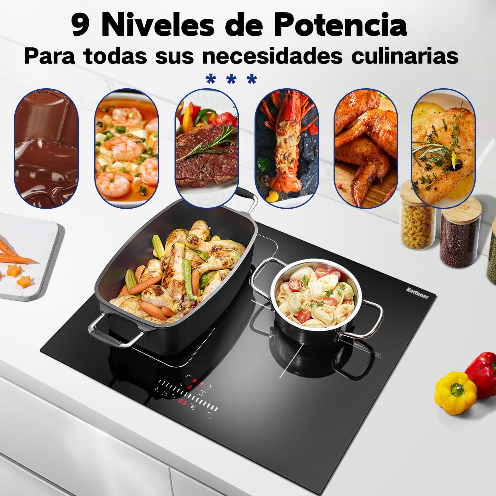 Placa Induccion 3 Fuegos con Zona Flexible, Inducción Integrada 60CM, 6800W
