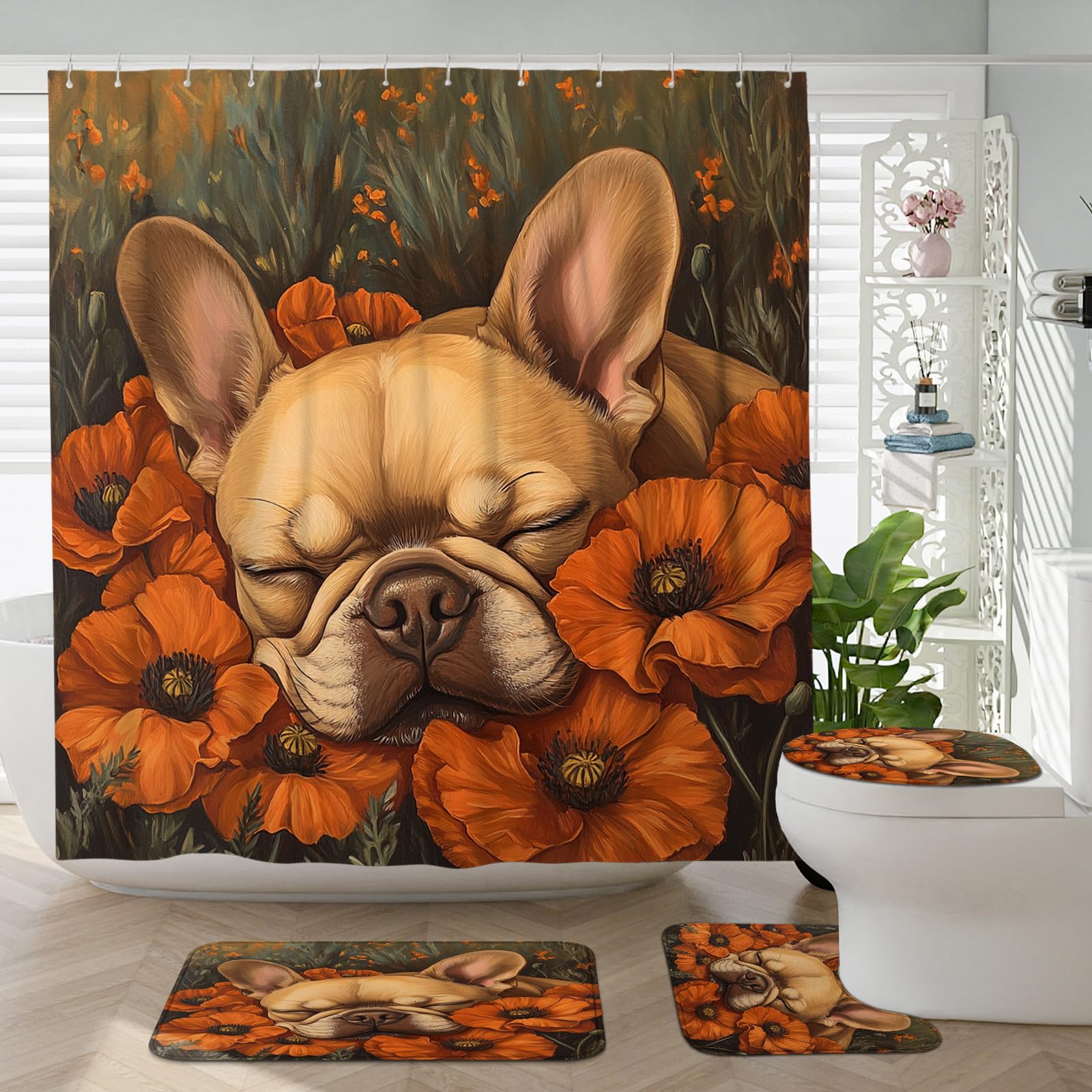 Ensemble salle de bain bouledogue 4 pièces avec tapis antidérapant et housse de WC d'automne