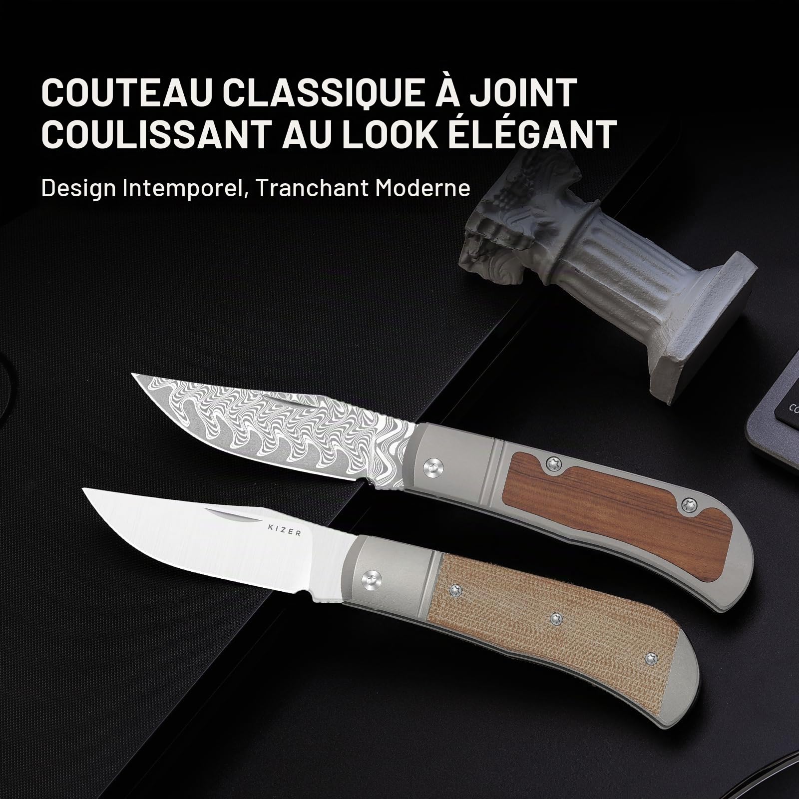 Kizer Trestle Couteau de Poche, Lame 7,35 CM 14C28N Couteau EDC Slip Joint avec Manche en Titane Argenté et Micarta Marron, Petits Couteaux Pliants avec Ouvre-Boîte, V3761A1