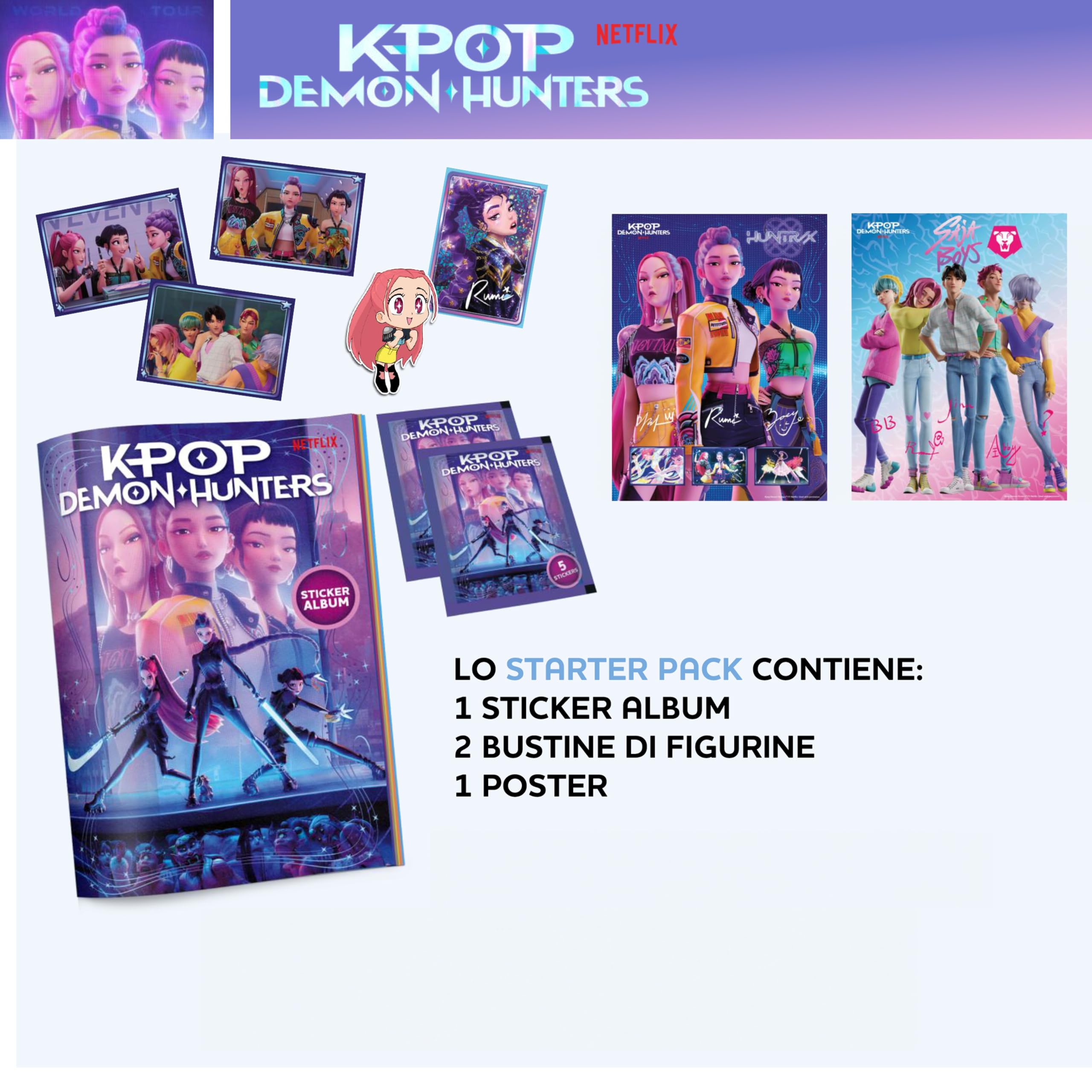 KPOP DEMON HUNTERS Album con 2 Bustine + Poster in Omaggio, Starter Pack, Offical Stickers Netflix