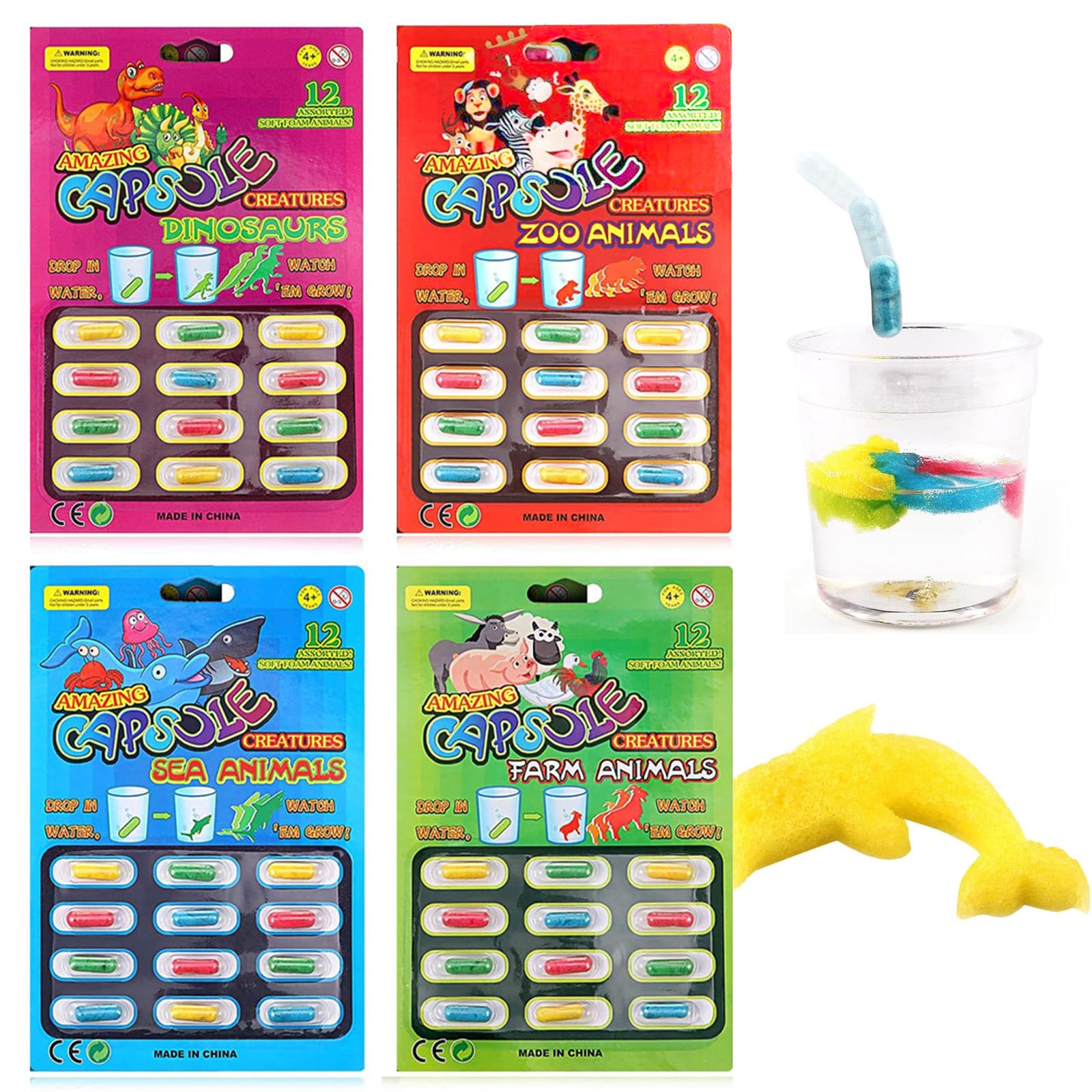 4pcs Magic Grow Capsules Get Bigger in Water Magic Animals Toy Sea Capsules Cognition Sponge Pills Educational Toys for Kids Children (Colorful)