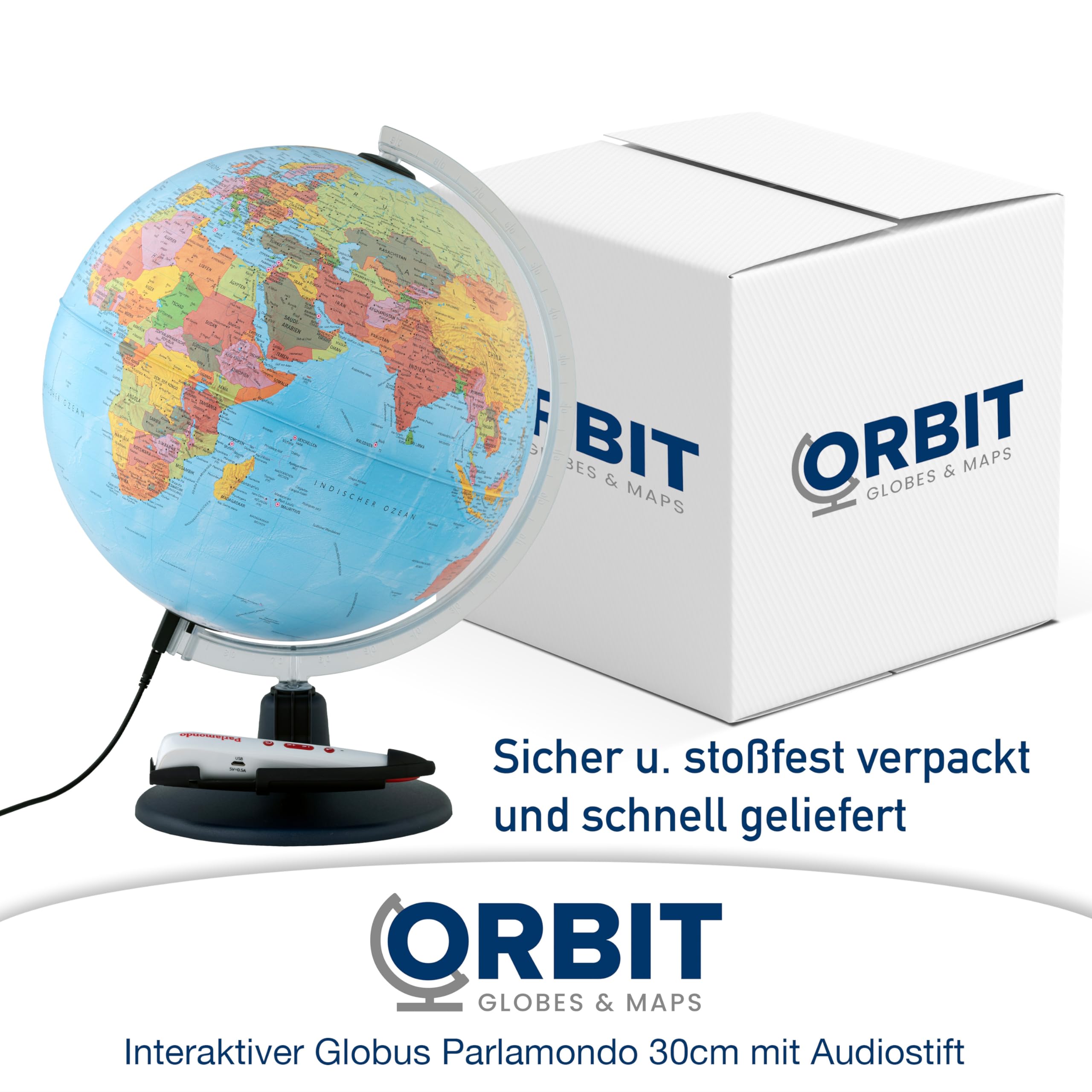 ORBIT Globes & Maps - Interaktiver Audio-Leuchtglobus mit dem Audio-Stift, 30 cm Globus mit stabilem Kunststofffuß, Stifthalterung, deutsches Kartenbild von 2026, USB 5Volt Anschluss