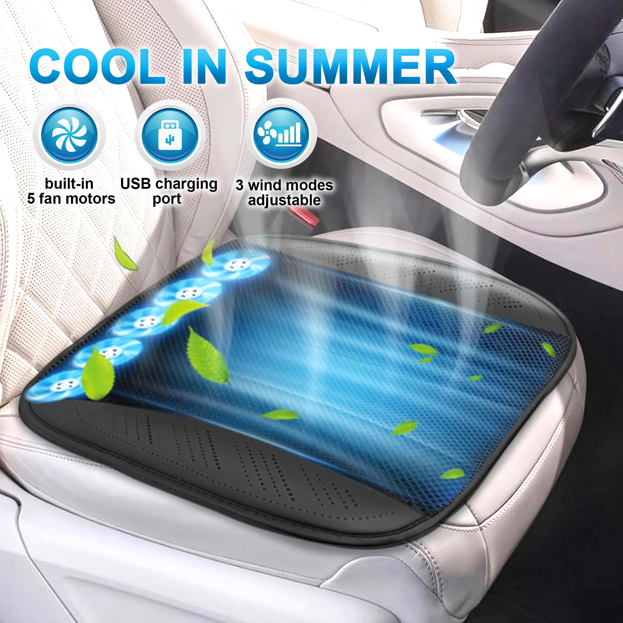 LifeUp 1 housse de siège rafraîchissante USB pour voiture et bureau avec 5 ventilateurs - Coussin rafraîchissant d'été respirant pour voitures, SUV, camions, chaise de bureau (noir)