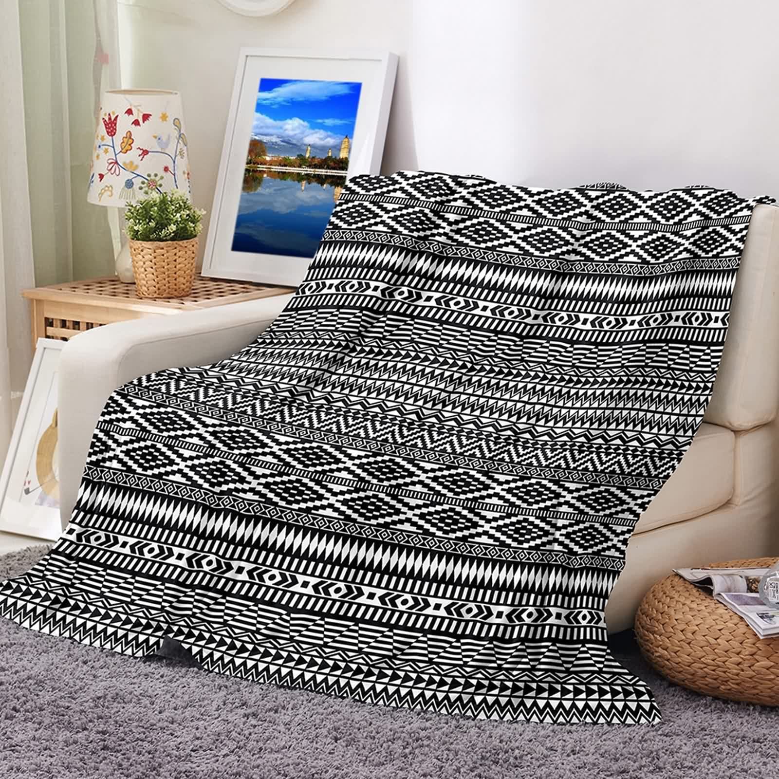 Plaid polaire 180x220cm en flannel de qualité supérieure noir blanc