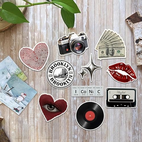Miniatura 2 de 10 calcomanías estéticas Y2K, calcomanías de vinilo retro de los años 2000 con cinta de cassette, cámara, labios, corazón y dinero, calcomanías