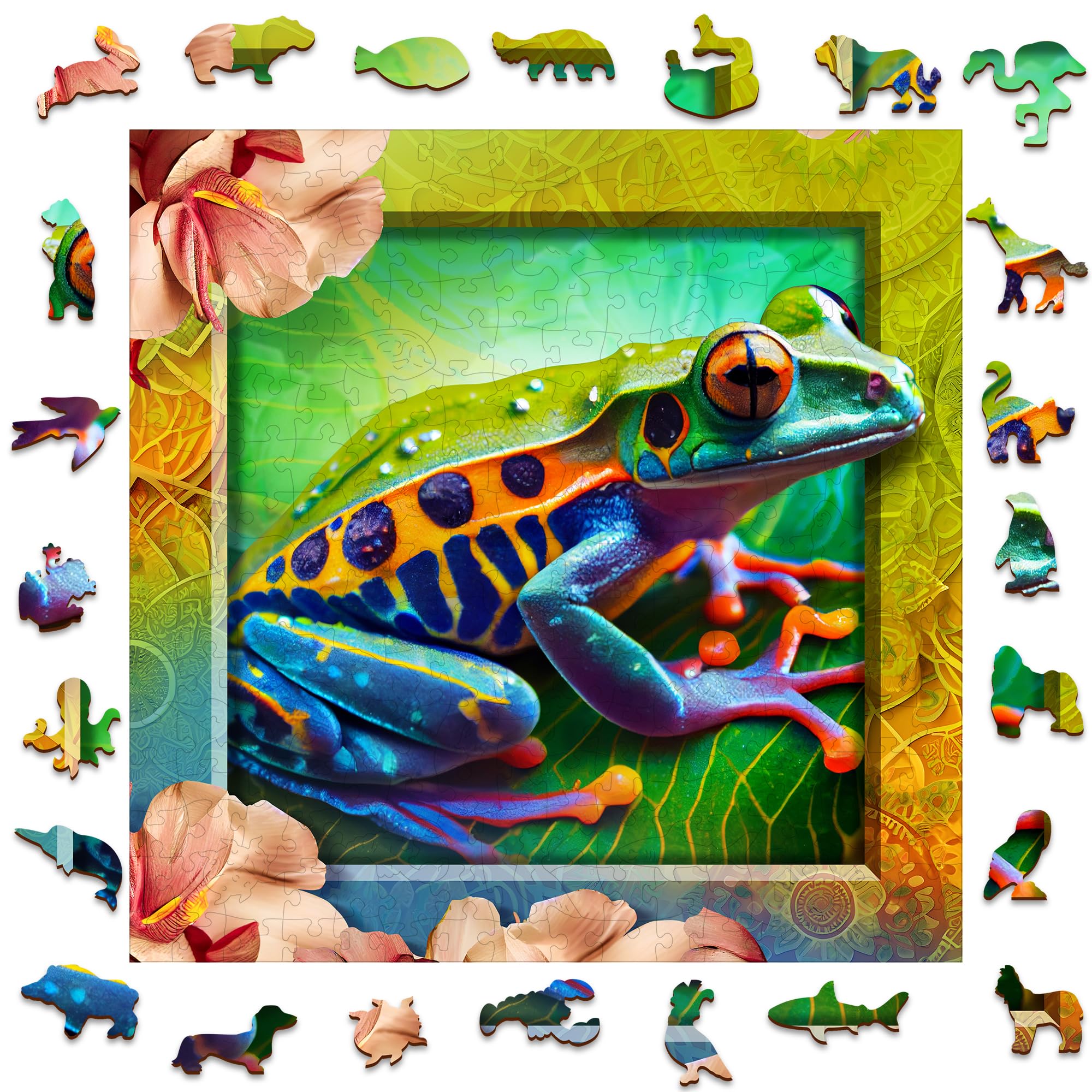 WOODEN.CITY Puzzles en bois coloré grenouille de 250 pièces – Puzzles en bois vibrant pour adultes – Puzzles difficiles en bois en forme d'animal – Puzzles uniques en bois mosaïque pour adultes
