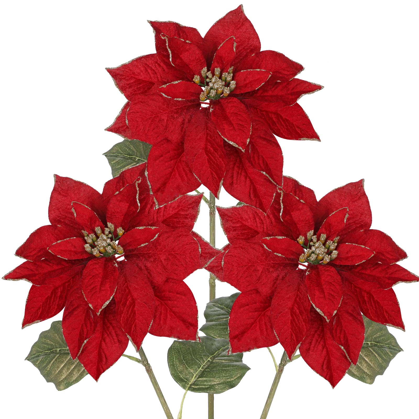 Fleurs de Noël rouges sans entretien | Lot de 3 poinsettias artificielles éclatantes à paillettes