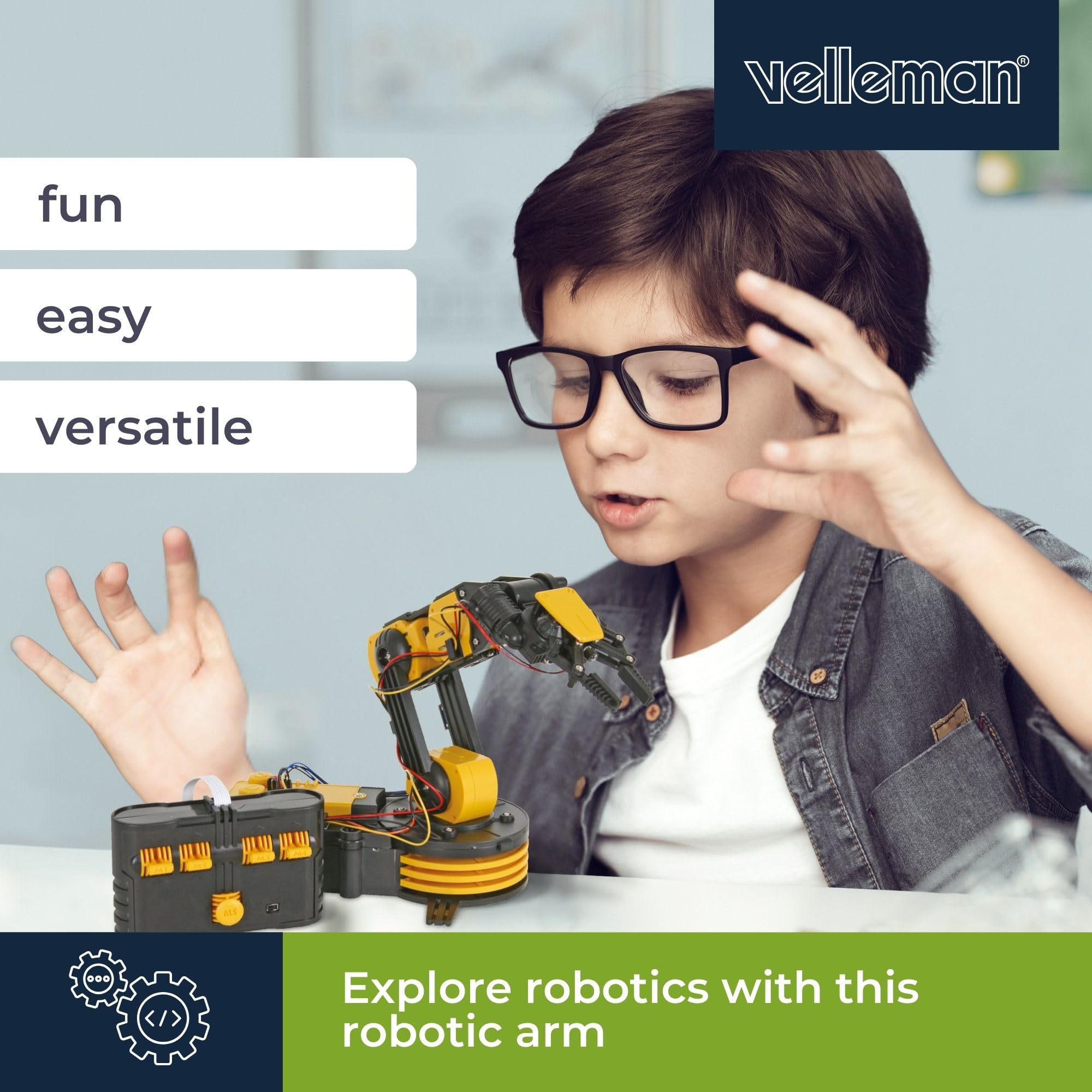 Velleman Edukacyjne ramię robota z 5 silnikami, ruchomymi przegubami i światłem LED, zestaw STEM dla młodzieży i dorosłych, robot do samodzielnego złożenia na baterie