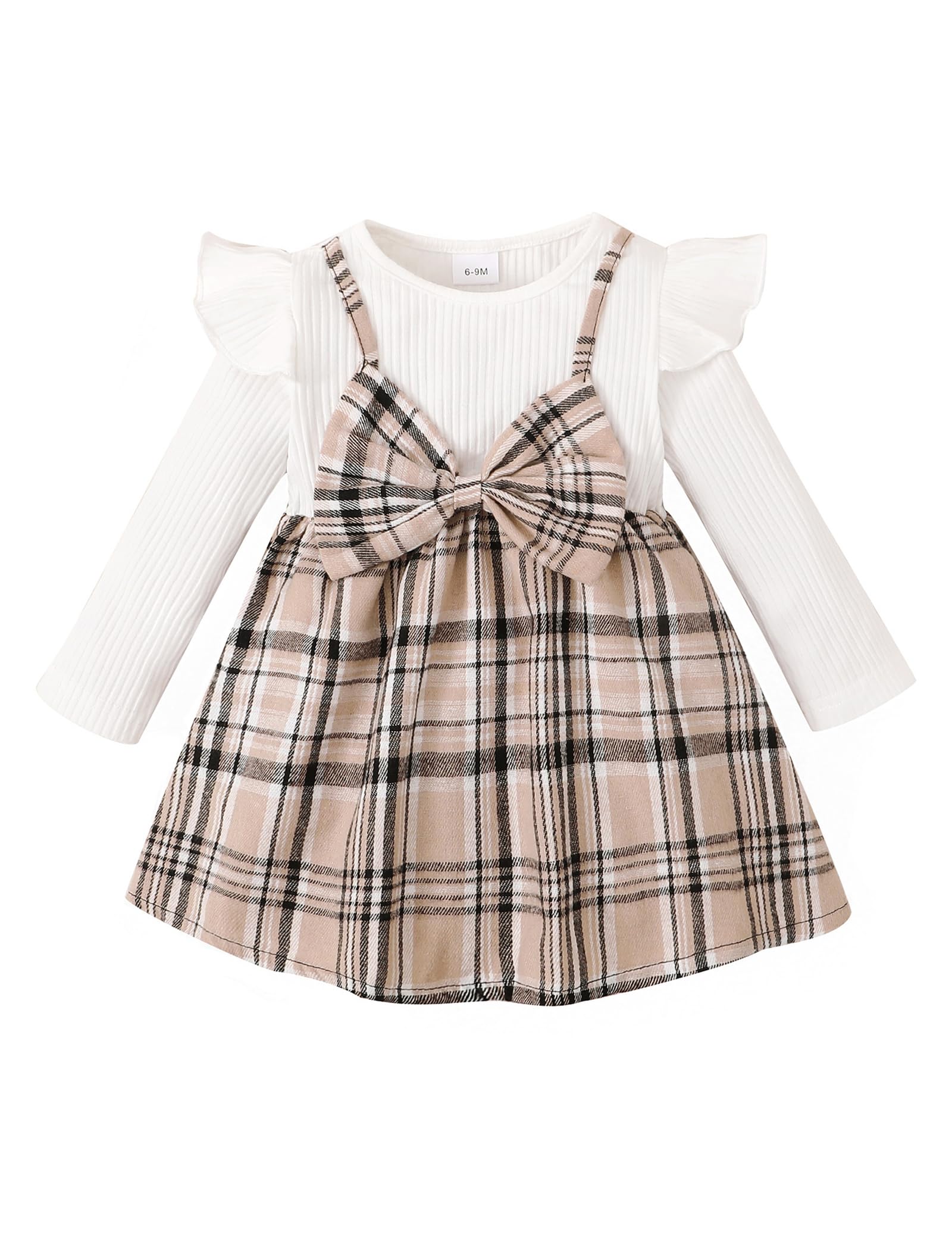 puseky Bebé Niña Vestido de manga larga Ruffle Plaid Vestido Bowknot Splicing Strap Dress Set Primavera Otoño Vestidos
