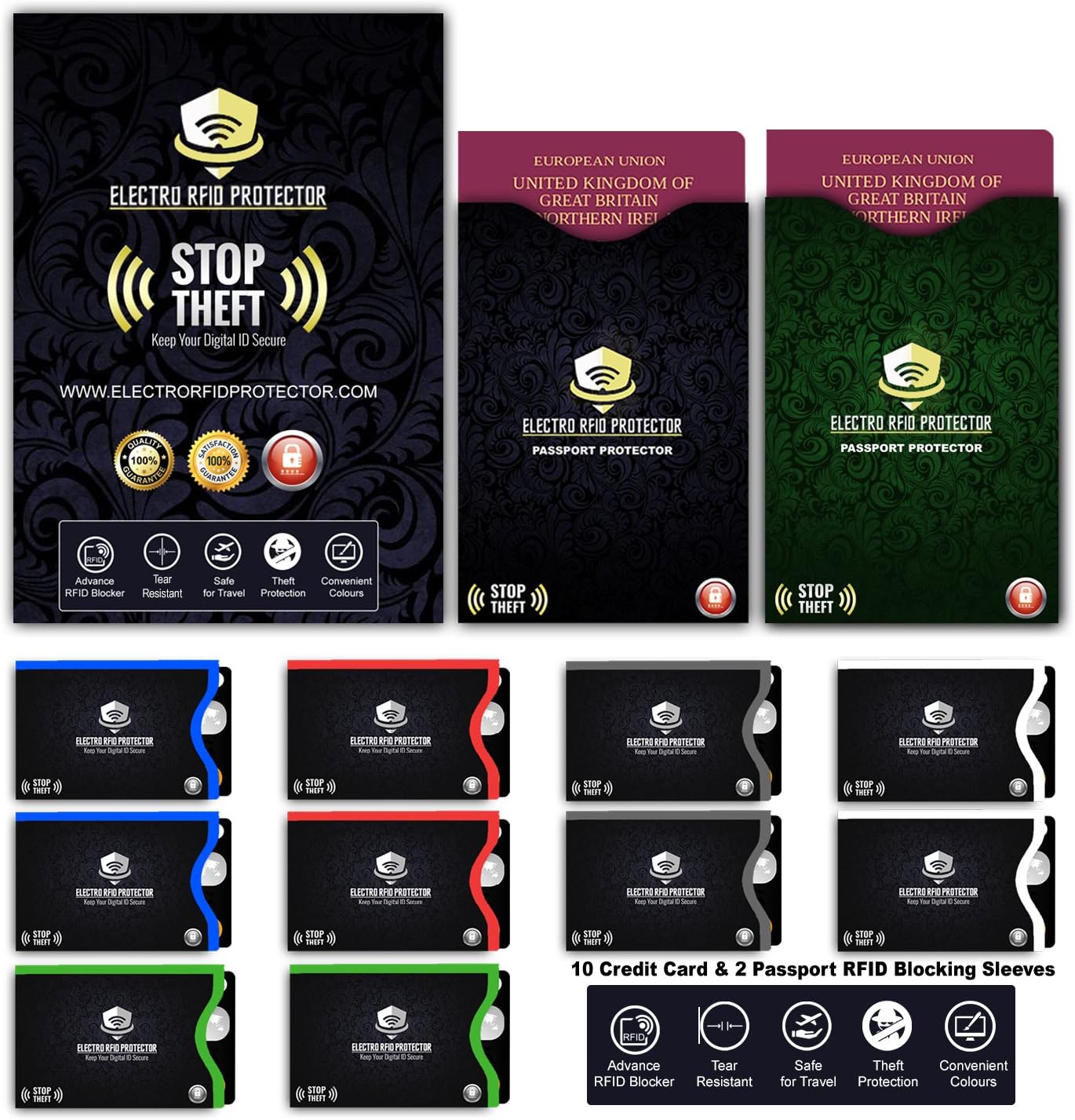 RFID Blocking Credit, Debit, Master Cards, ID Card Sleeves with Passport Holders (Set of 12) | Tear Resistant & Colour Coded | Slim Convenient Travel Protection RFID & NFC Shield & Security